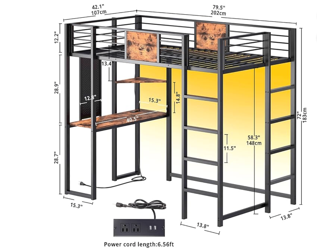 Twin Metal Loft Bed w/ Desk, Power Outlet, and LED Light - photo 2