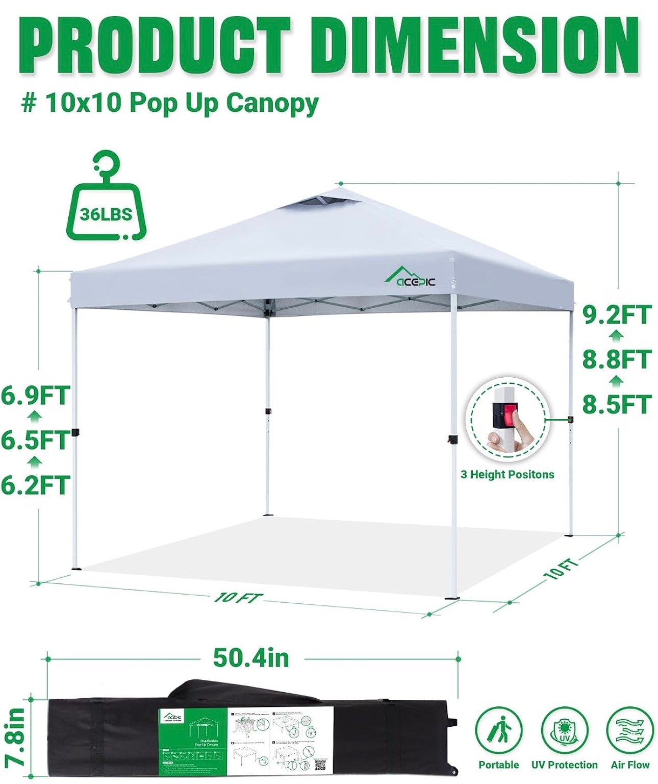 Pop Up Canopy Tent 10x10' Easy Setup Instant Portable Wheel Bag - photo 2