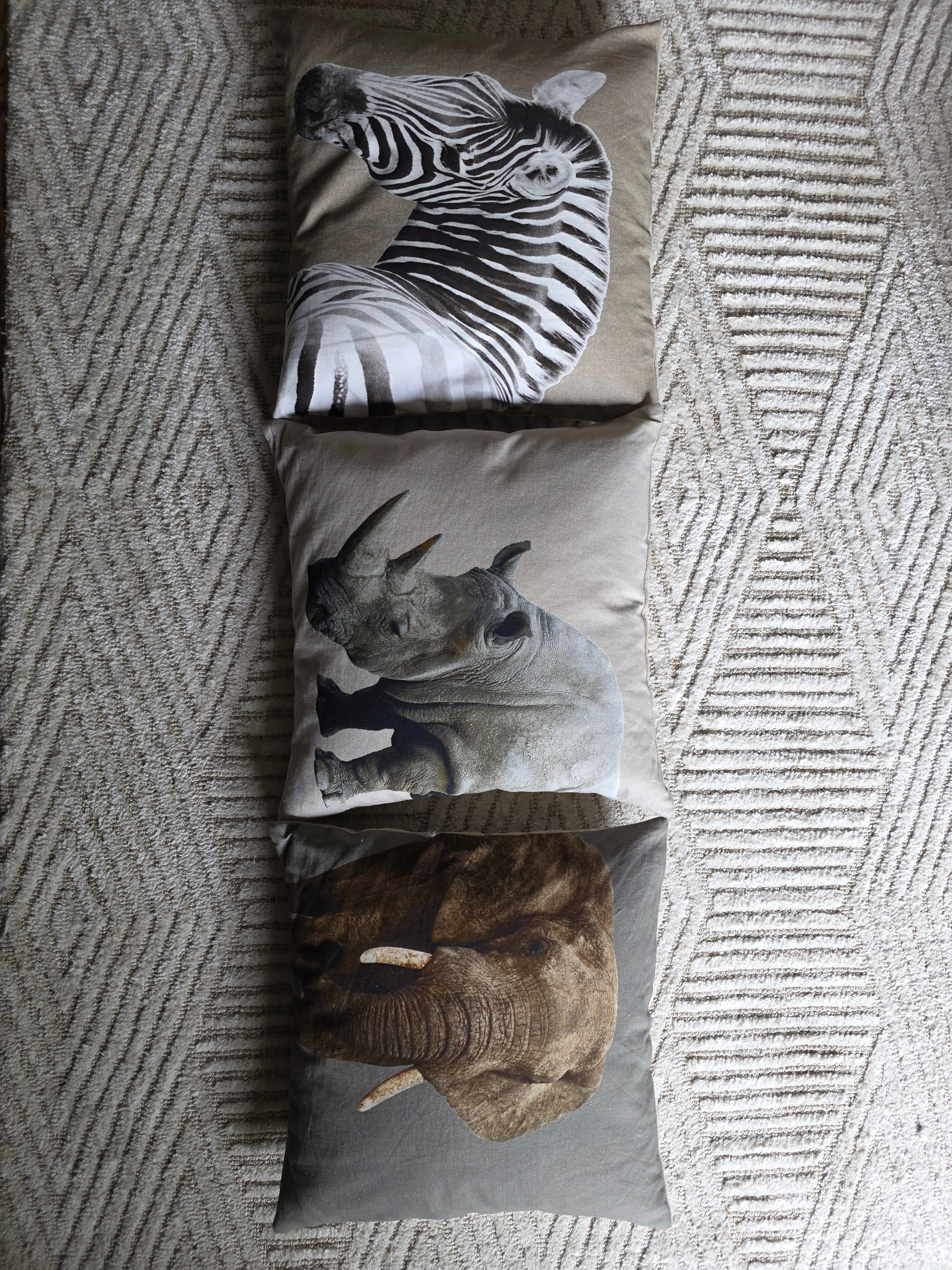 Set of 3 Decorative Throw Pillows - Zebra, Rhino, Elephant