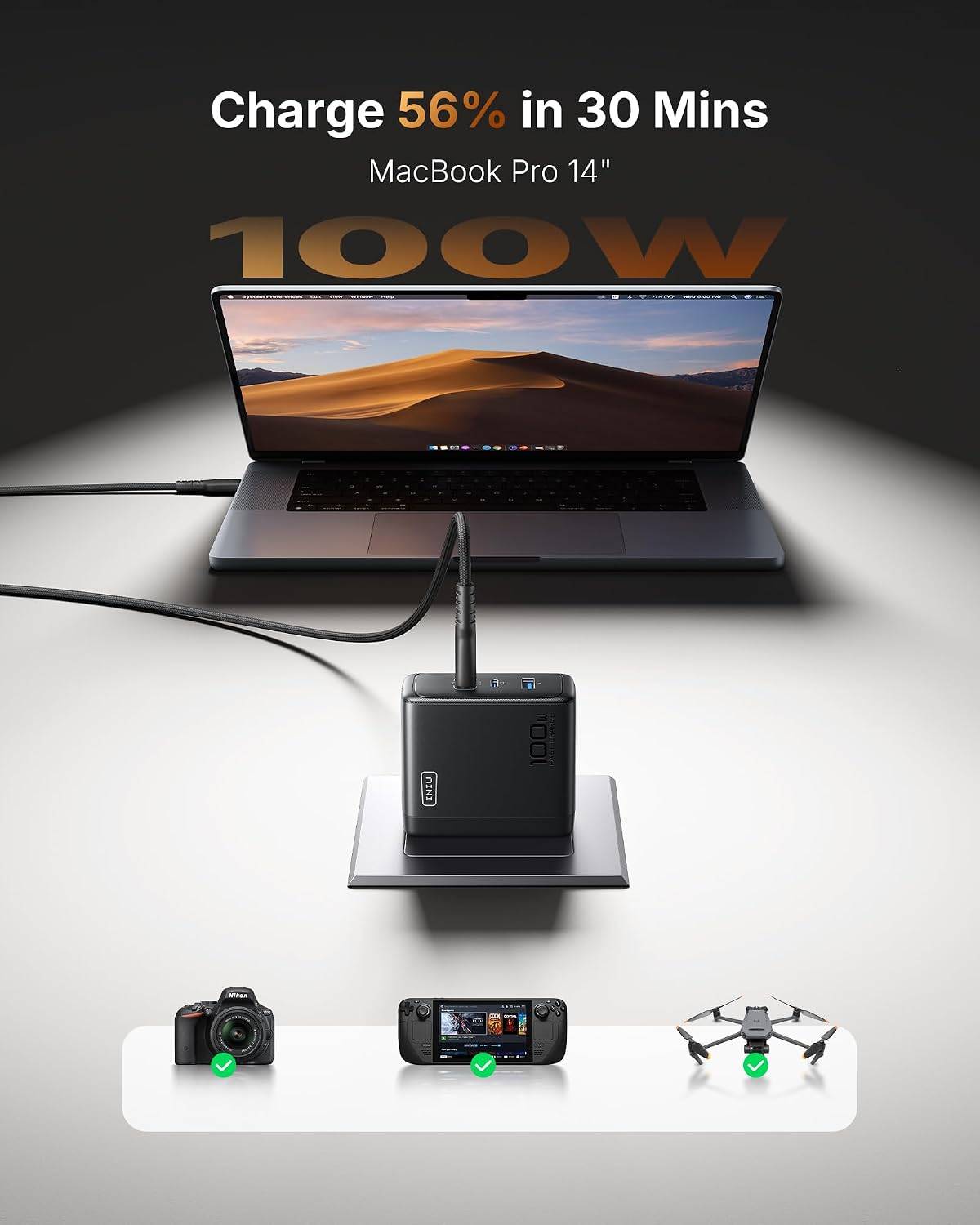 INIU 100W GaN 3-Port Fast Charger + 100W USB-C Cable | Sealed - photo 4