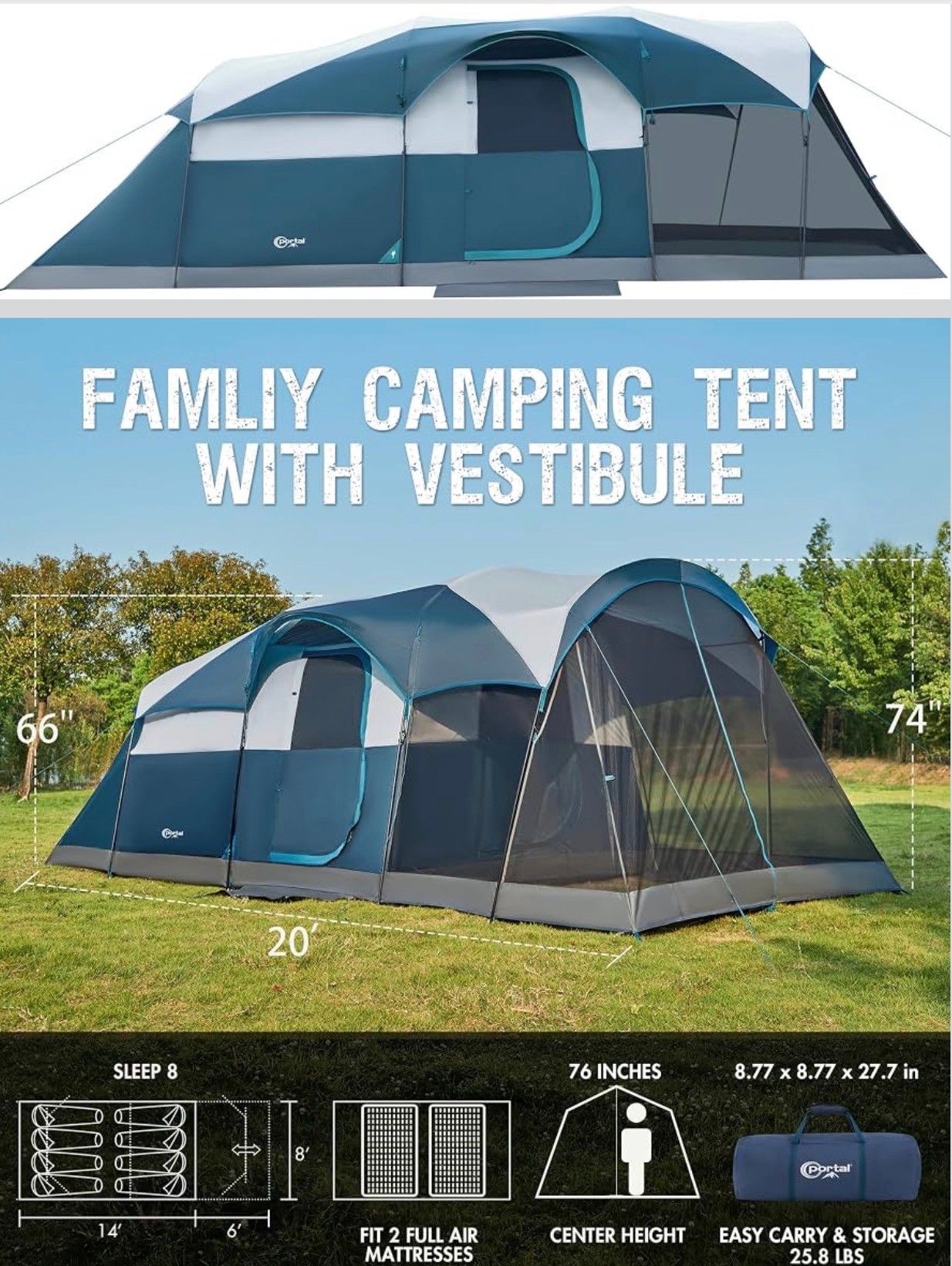 Portable Camping Tent with Screen Room Water Resistant 8 person