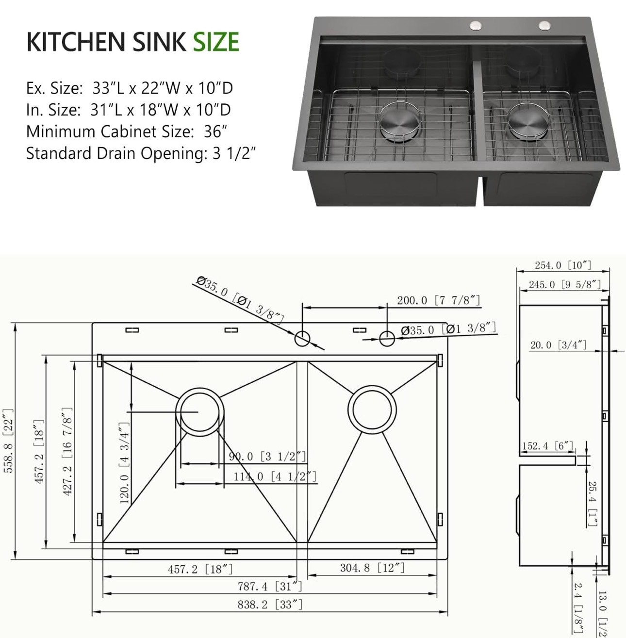 NEW: Black Drop in Double Bowl 60/40 Kitchen Sink 33x22 16Gauge - photo 4