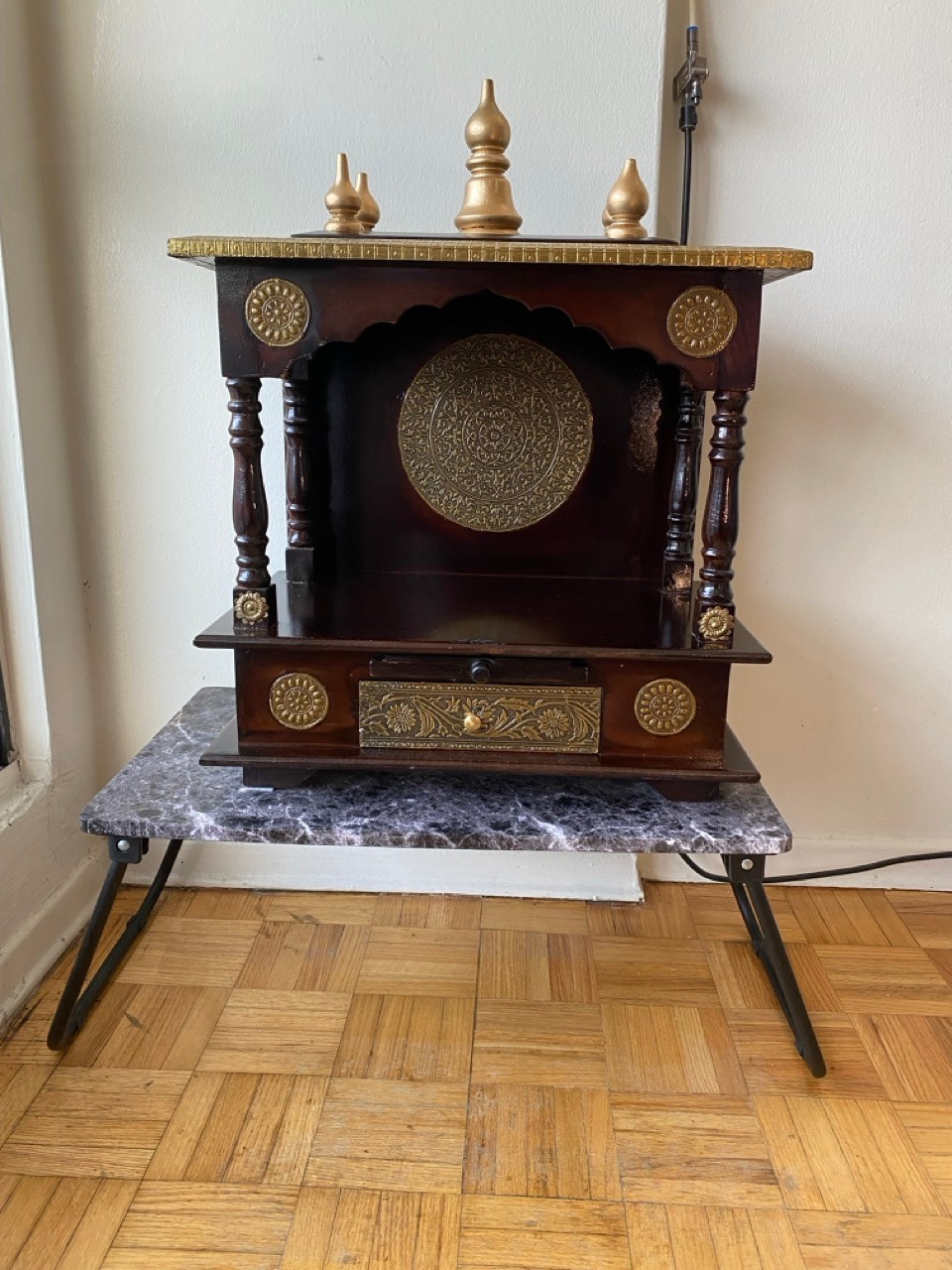 Wooden Pooja Mandir + Solid Brass Samai (Oil Lamps)