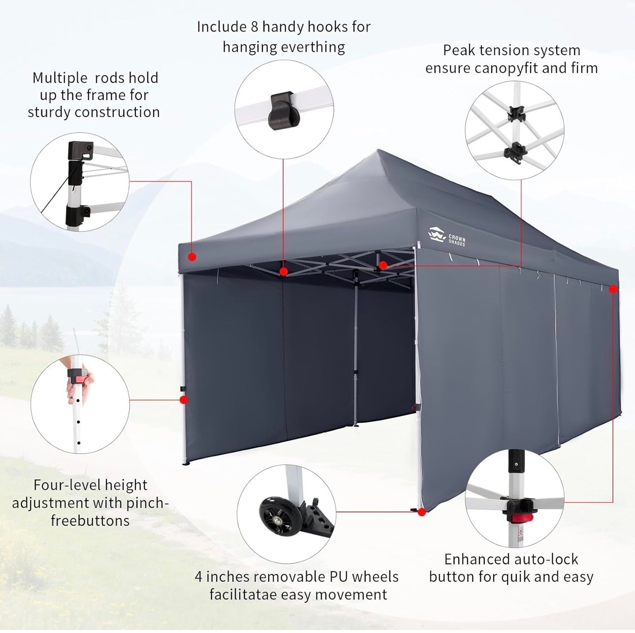 CROWN SHADES Pop Up Canopy 10x20 Commercial Grade 400D 4 Sidewal - photo 4