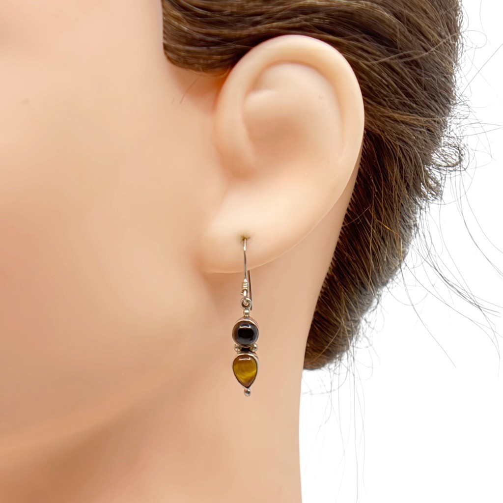Sterling silver Tiger's eye & onyx drop earrings - GM1003 - photo 4