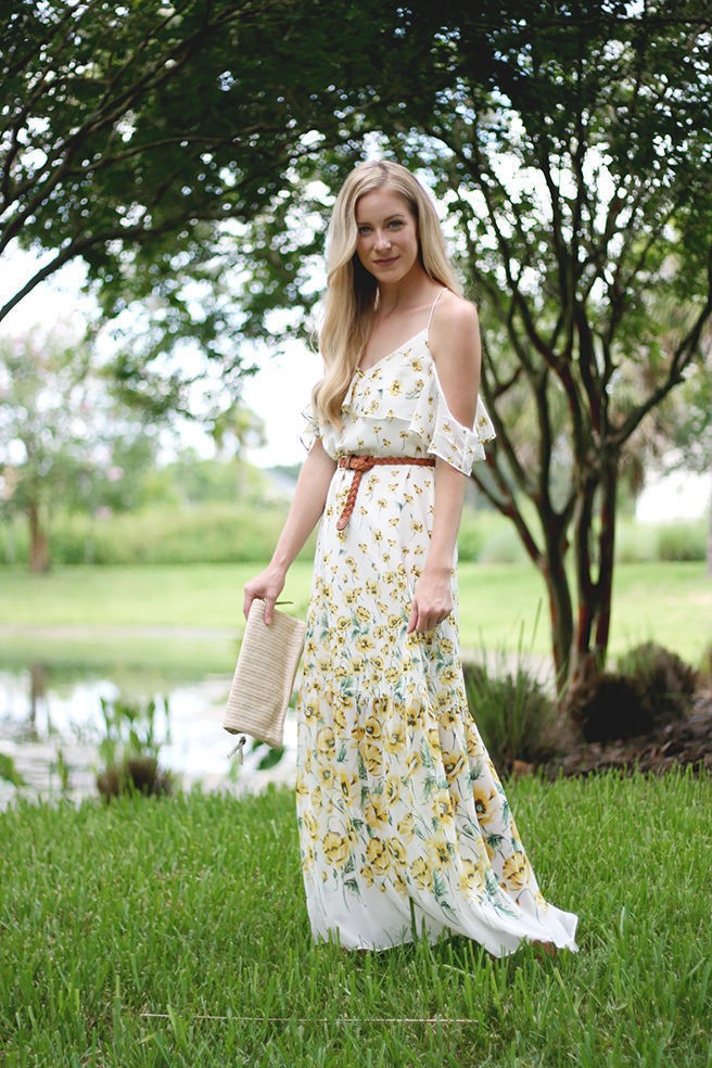 ZARA Floral Off the Shoulder Maxi Dress White Yellow