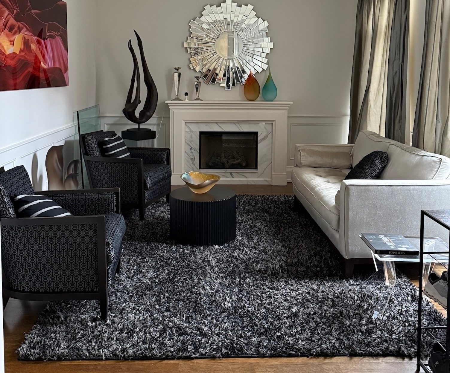 Mirror, glass table top & area rug for sale.