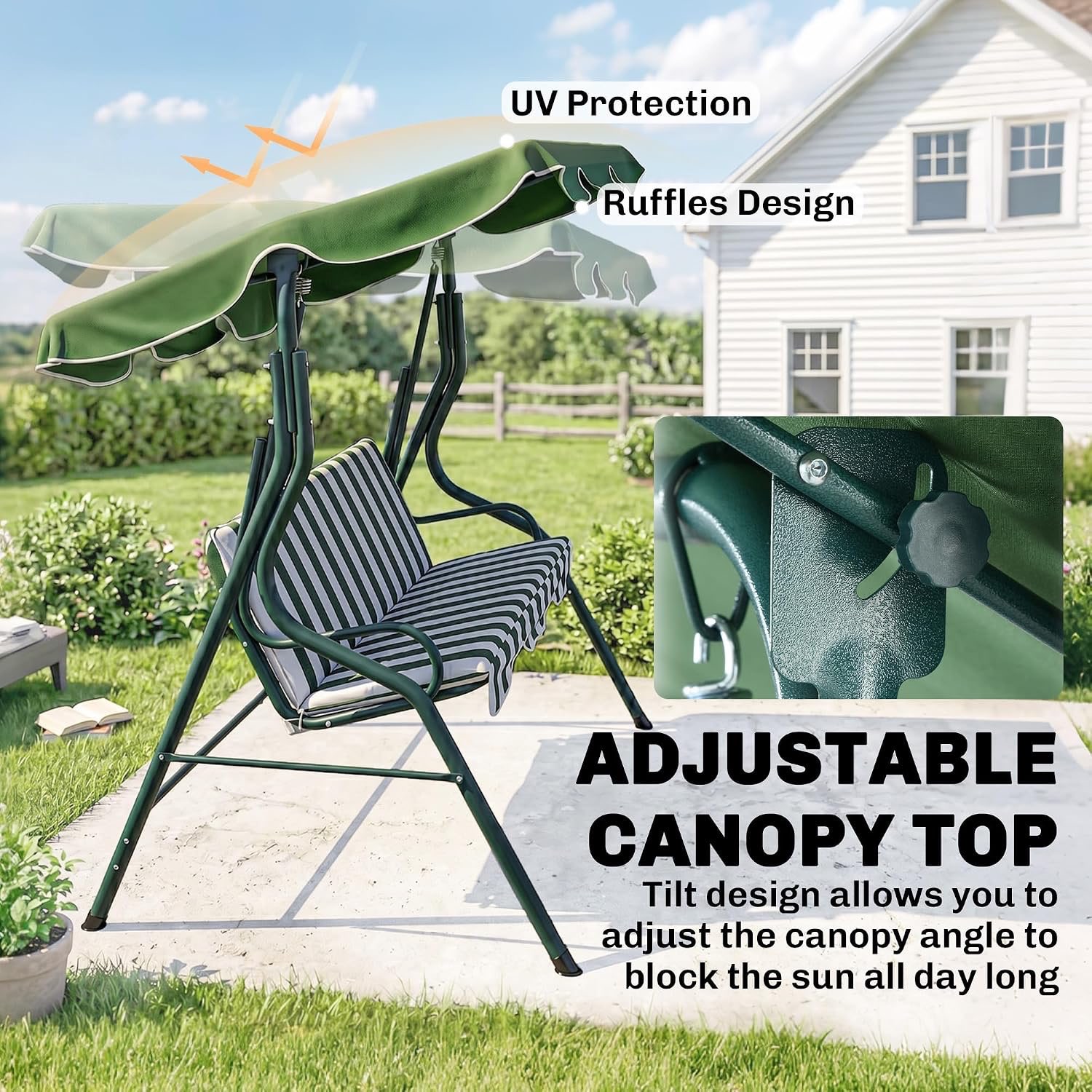 3-Seat Green/White Outdoor Swing Adjustable Canopy and Cushion - photo 5