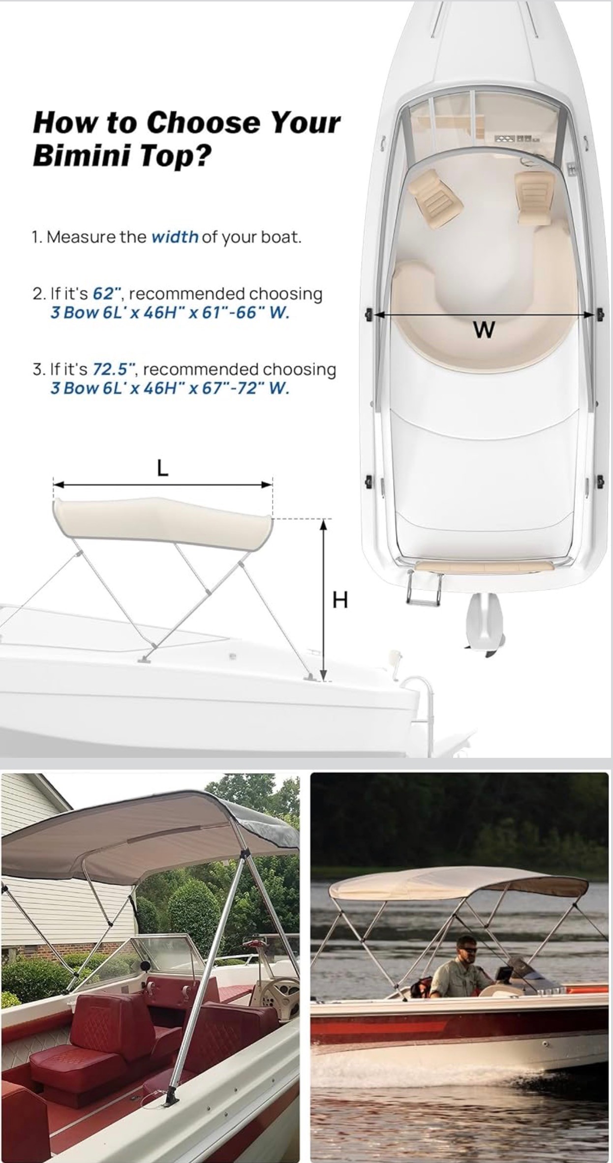New: KEMIMOTO 3 Bow Bimini Tops for Boats Cover Rear Support Pol - photo 5