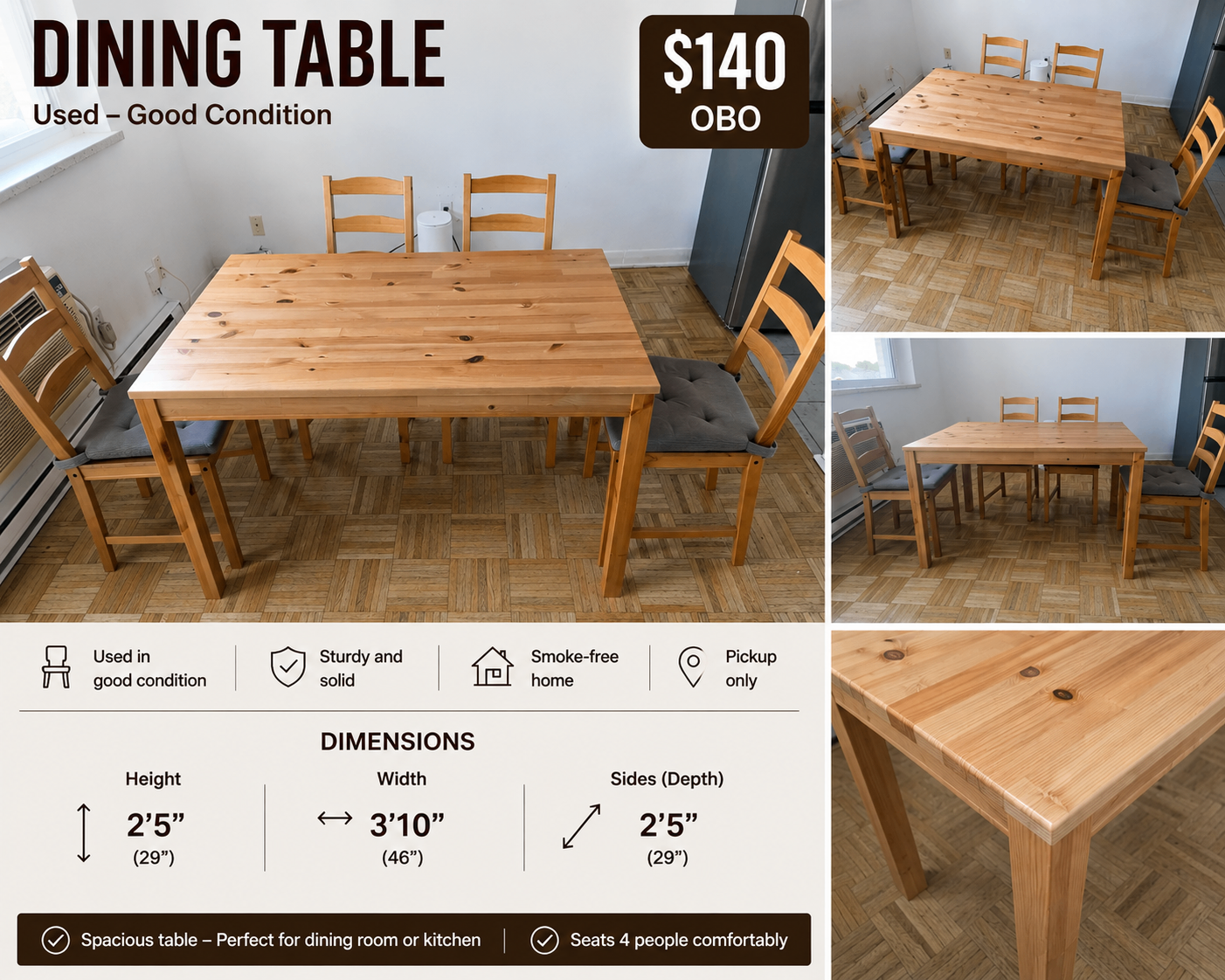 Solid Wood Dining Table with 4 Chairs