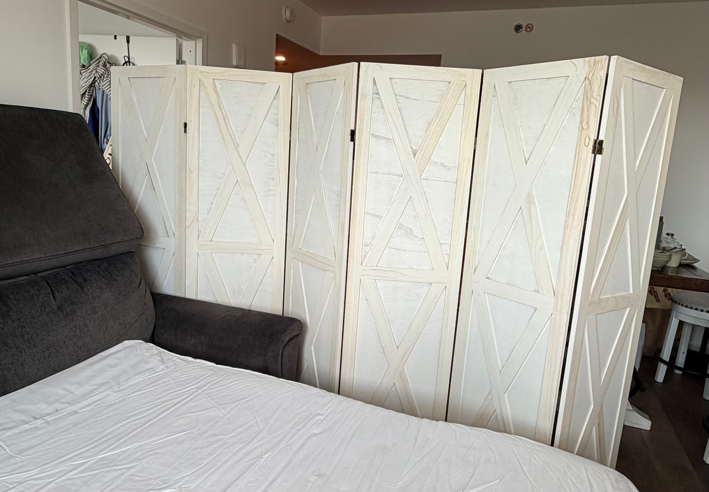 6-Panel Folding Room Divider - Rustic White Barn Door