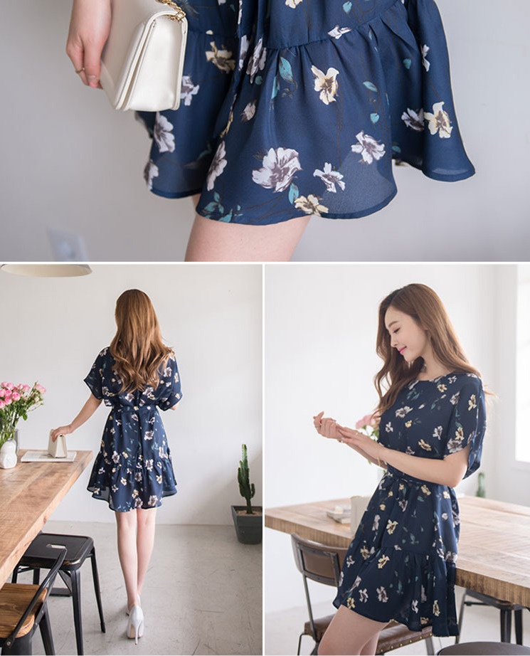 Navy Floral Print Short Sleeve Dress - photo 5