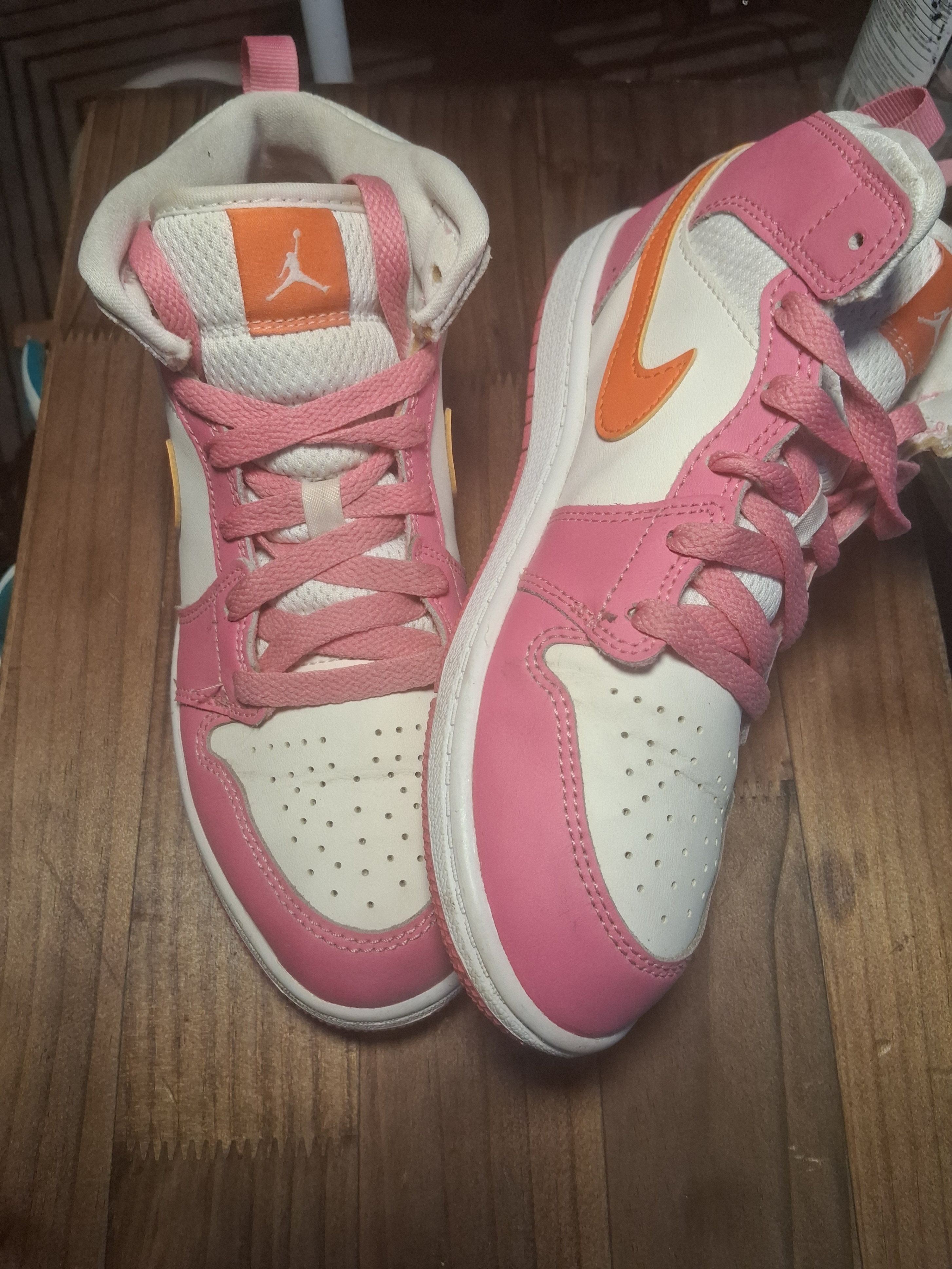 Jordan 1 Mid Pink White Orange Shoes size 7Y