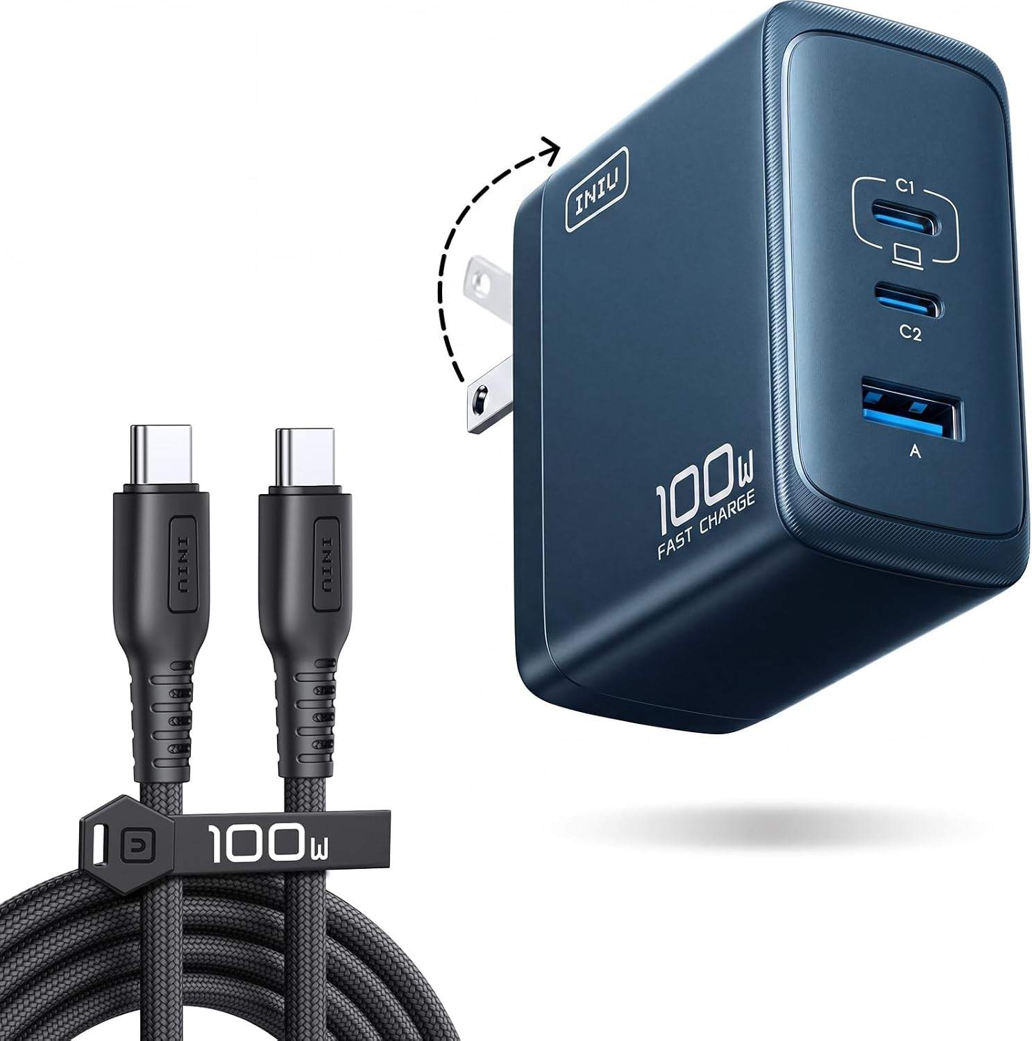 INIU 100W GaN 3-Port Fast Charger + 100W USB-C Cable | Sealed - photo 2