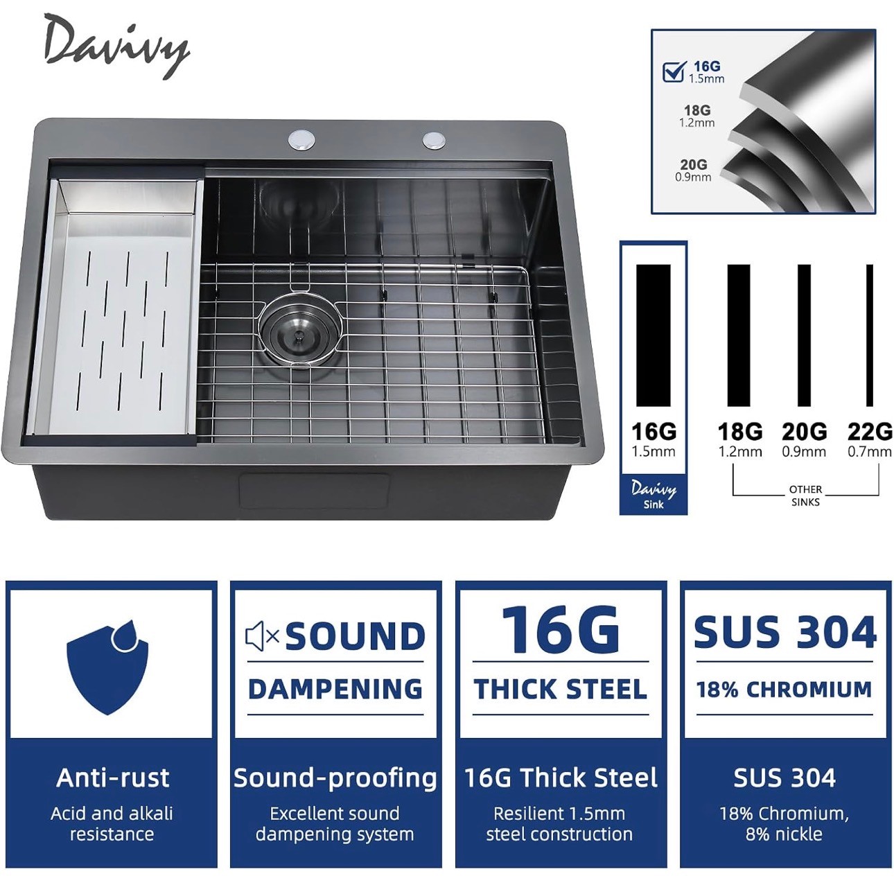 Kitchen Sink Black 30x22x10" Stainless Steel Sound proof 16Gauge - photo 4
