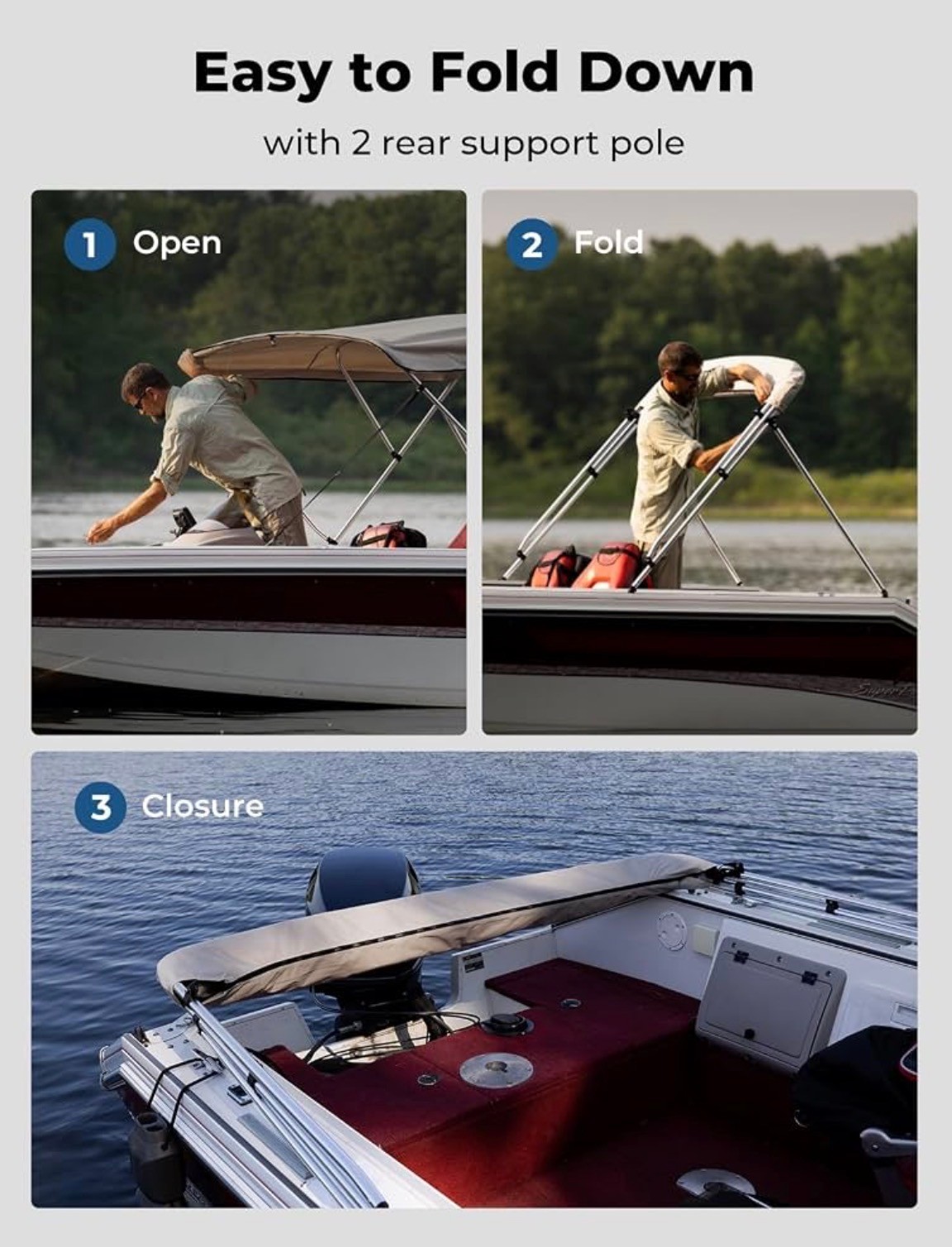 New: KEMIMOTO 3 Bow Bimini Tops for Boats Cover Rear Support Pol