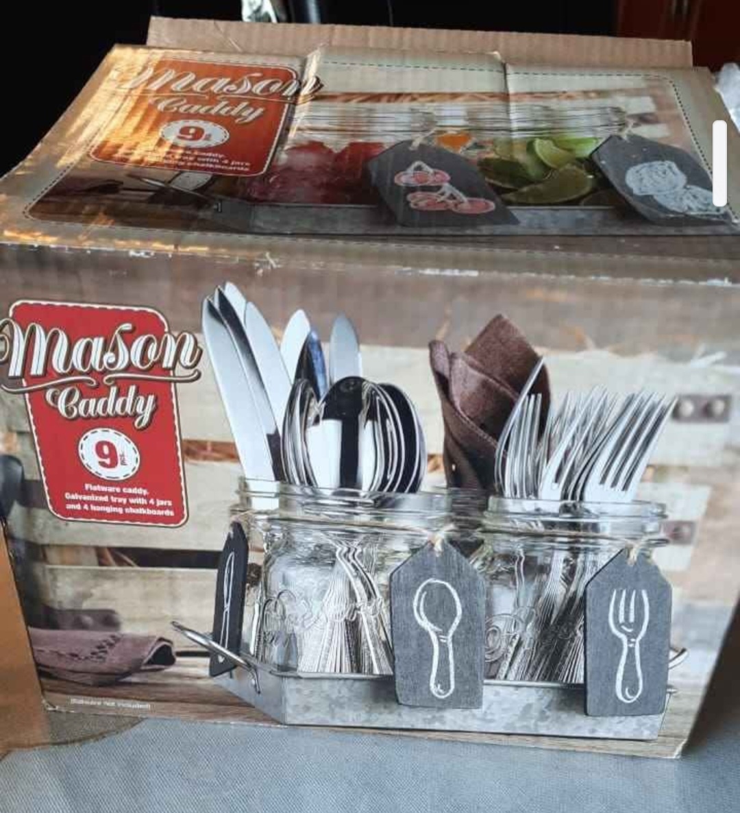 Mason Caddy Flatware Tray with 4 Jars and 4 hanging chalkboards