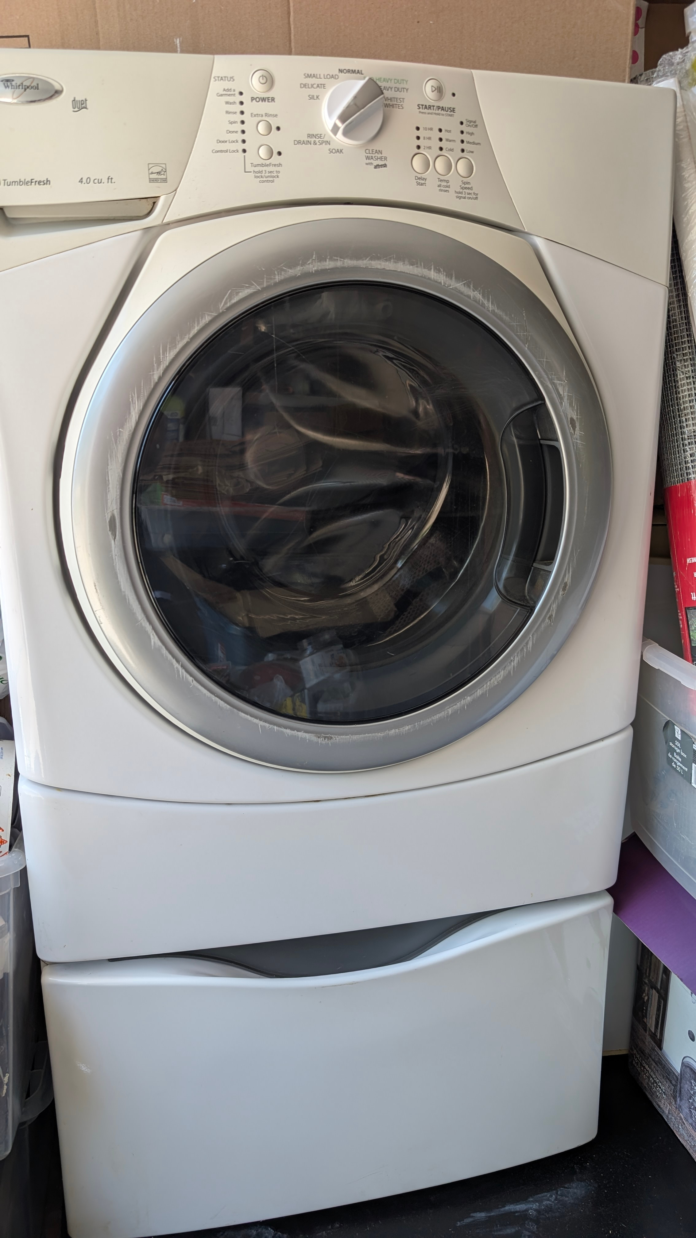 AS IS front-loading Whirlpool TumbleFresh 4.0 cu washer+pedestal