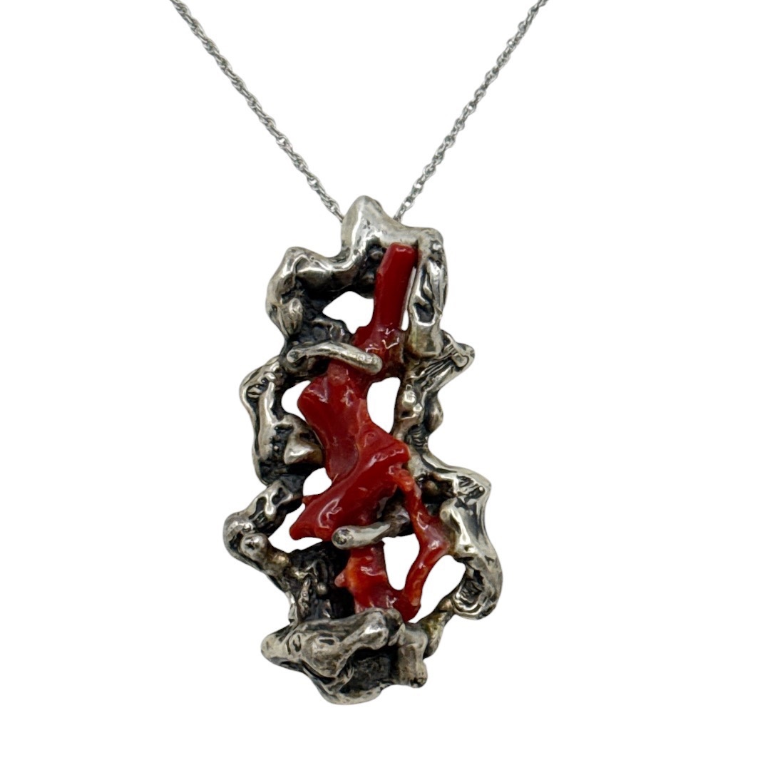 Abstract 925 sterling silver mediterranean coral pendant