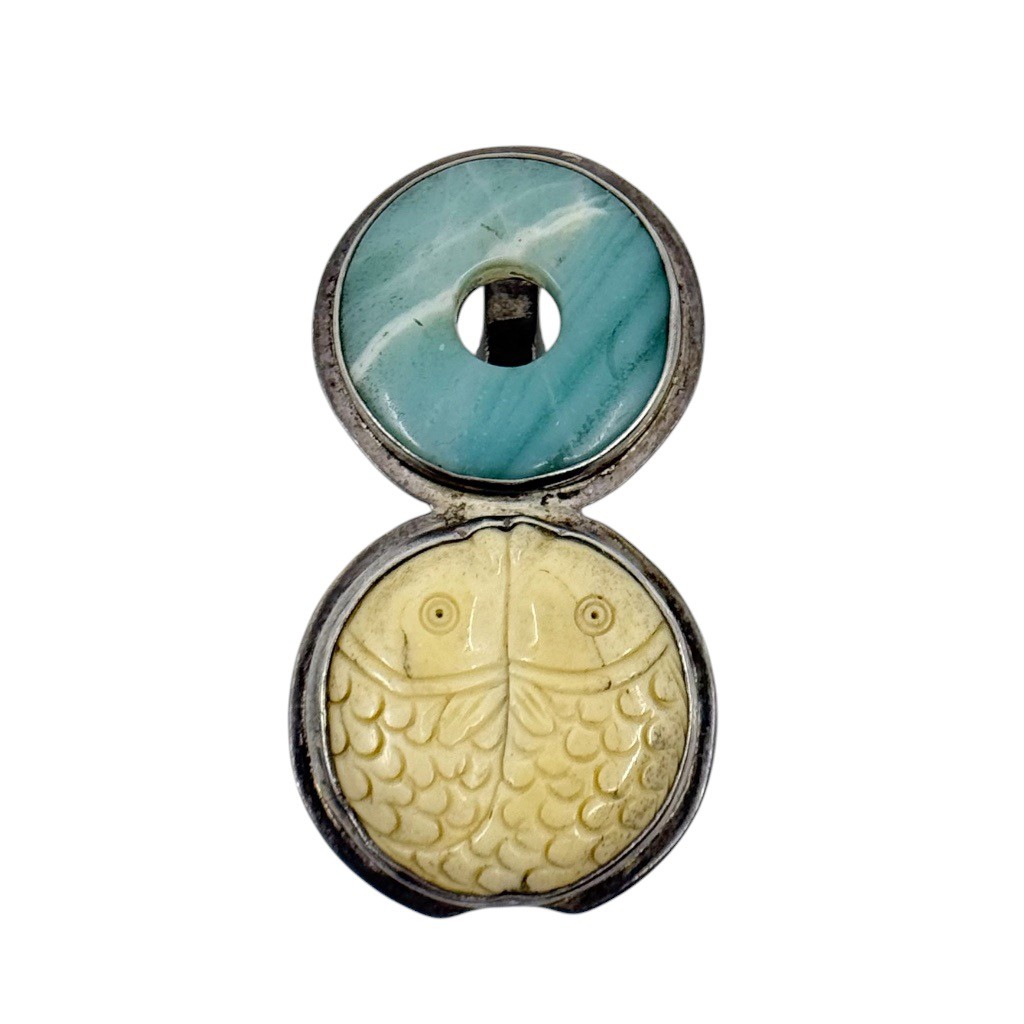 sterling silver carved fish bone & Larimar brooch pendant