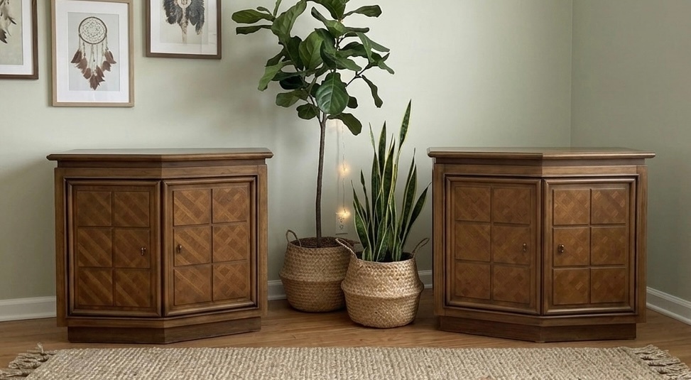MCM Pair of Vintage Walnut Geometric Nightstands