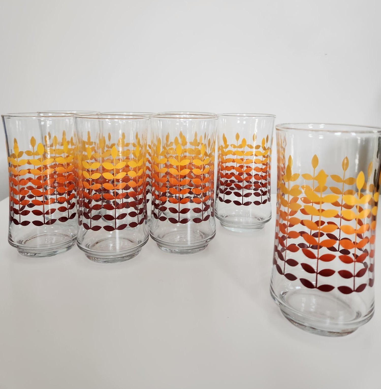 Set of 8 Mid-Century Tall Glasses, Ombre Wheat / Floral Pattern - photo 2