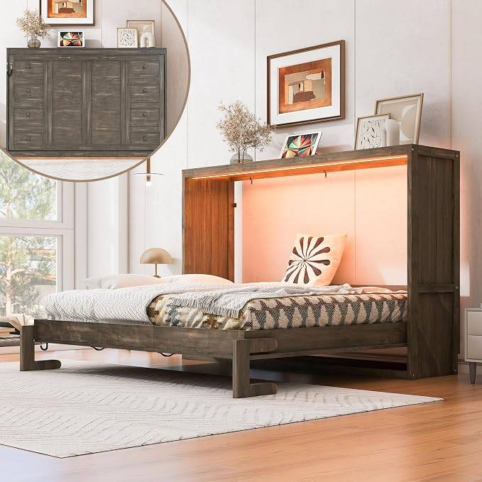 Queen Murphy Bed Cabinet - Hydraulic Lift, LED, Wood Slats - photo 3