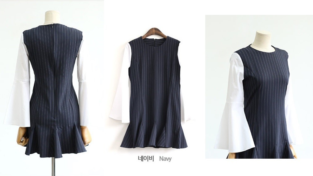 Made in Korea NEW Navy Blue Pinstripe Mini Dress Bell Sleeves - photo 3