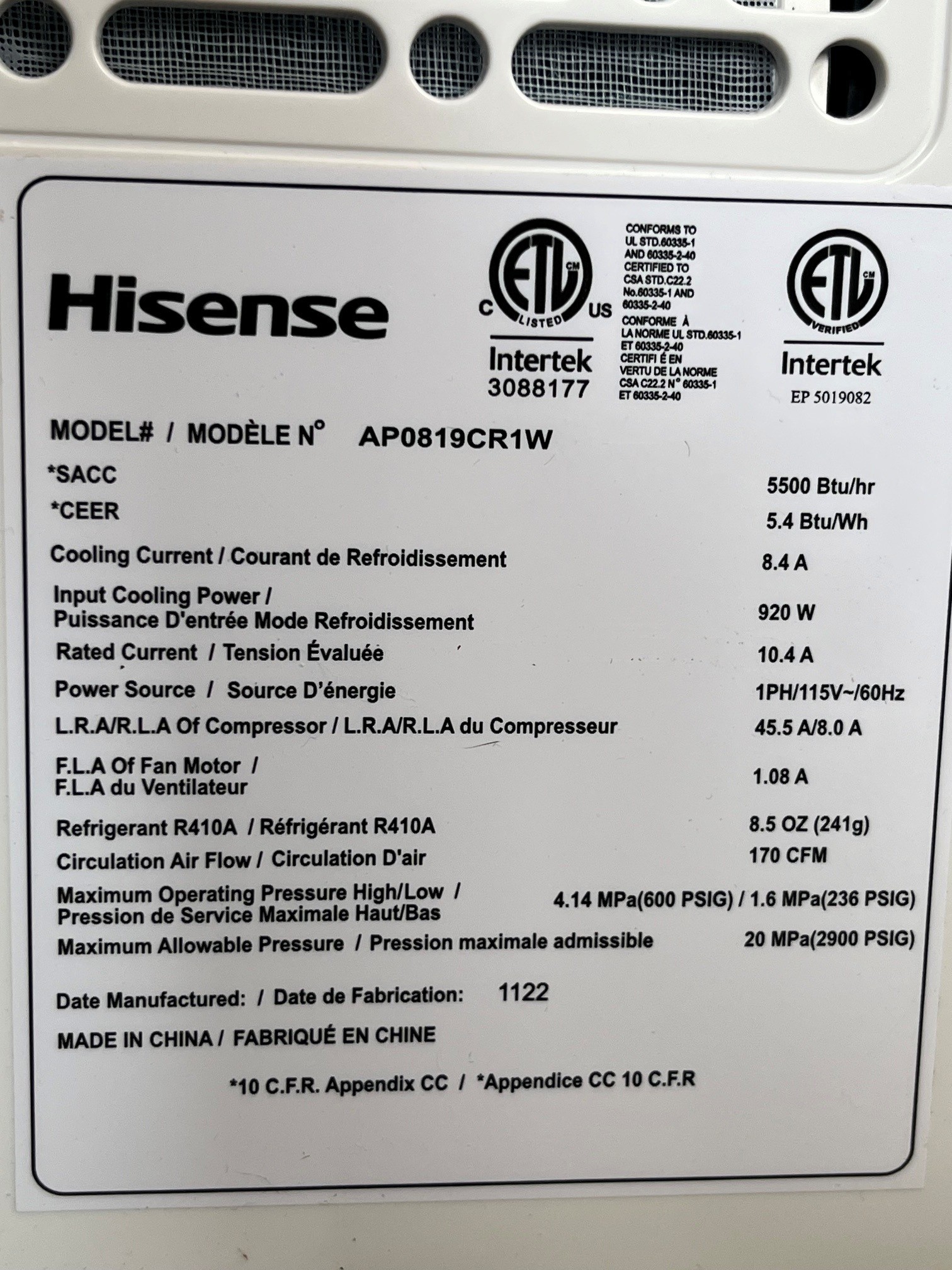 Hisense 3 in 1 Portable Air Conditioner & Remote 8000 BTU ASHRAE - photo 4