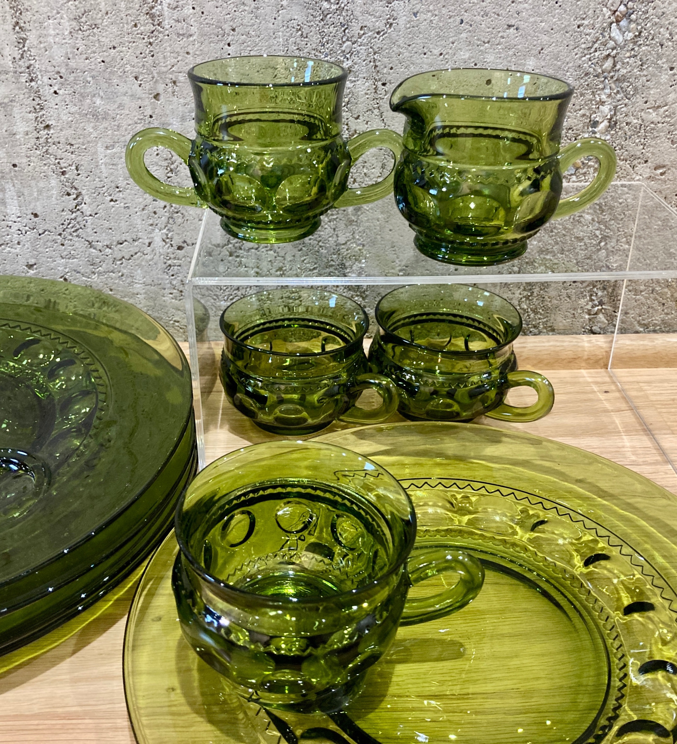 VTG Indiana Glass Kings Crown Thumbprint Green Set Sugar Creamer