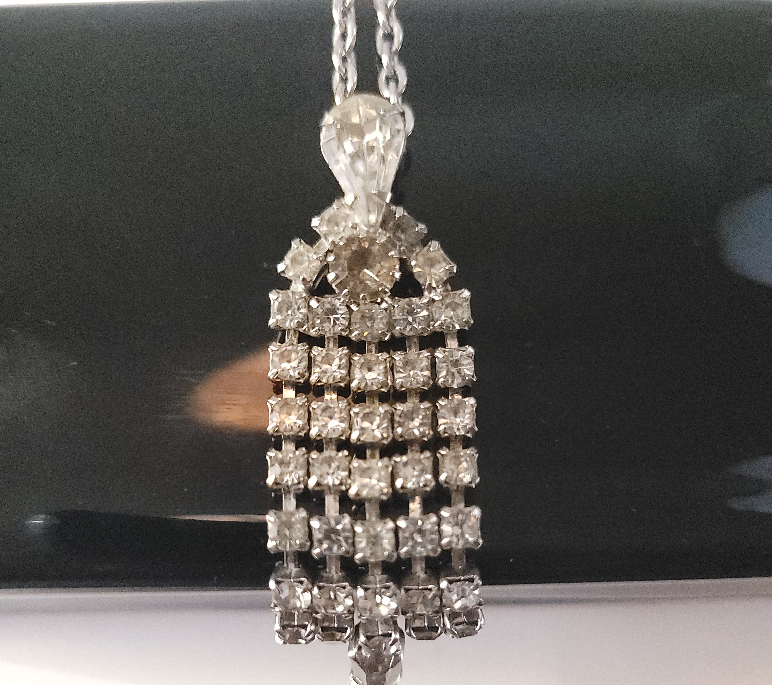 Circa 1950s Clear Rhinestone Waterfall Pendant Necklace Long - photo 2