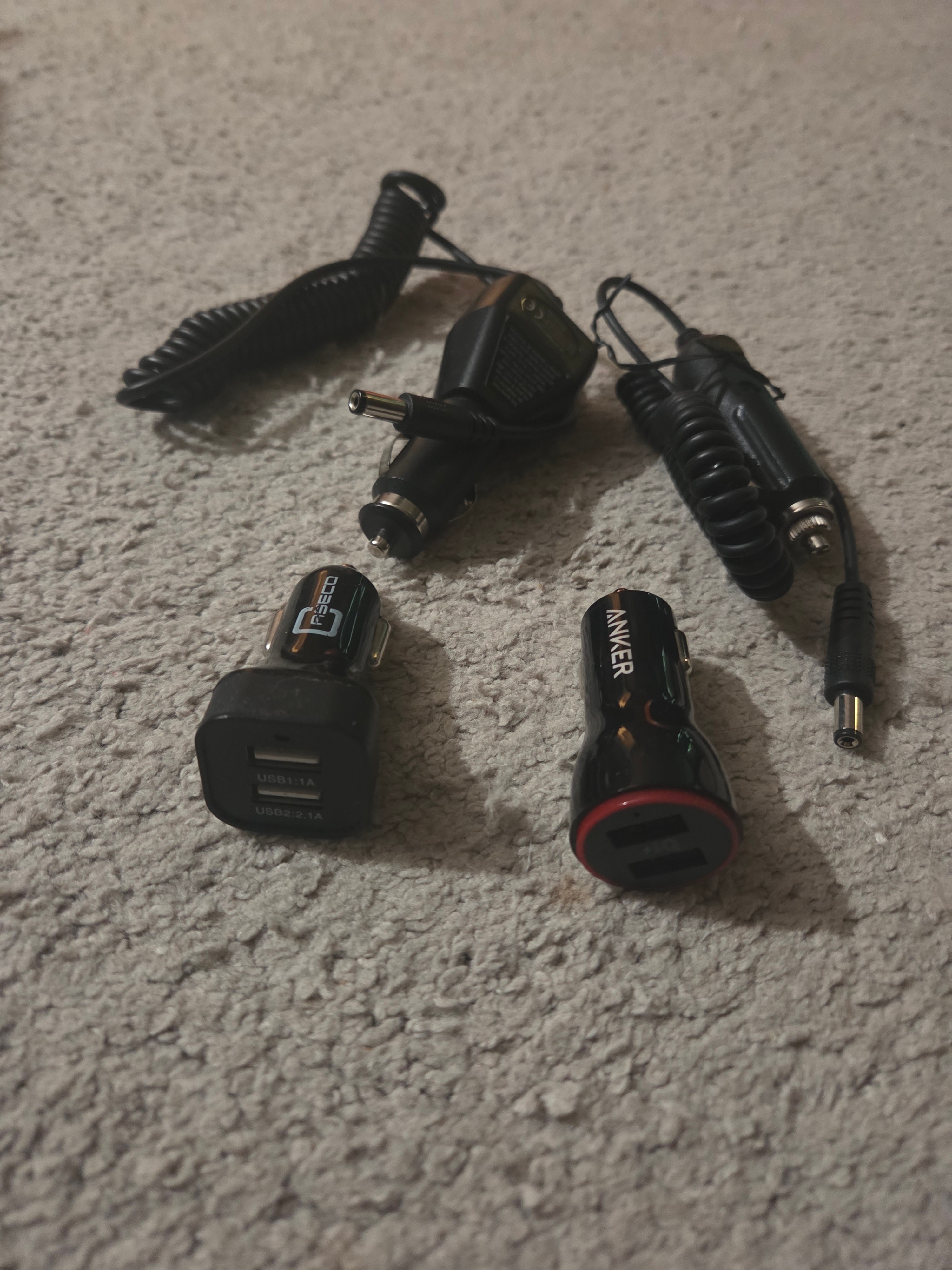 4 Car Charger Adapters, 2x Dual USB & 2x 12V DC Barrel Plug