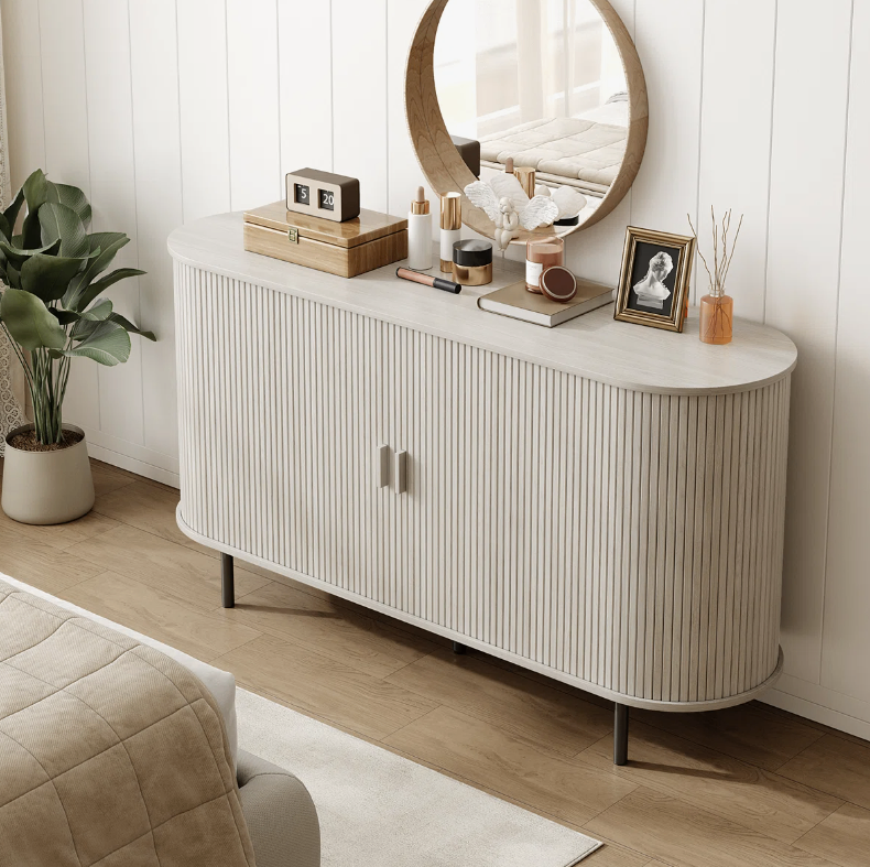 Curved Wood Buffet Cabinet with Slatted Doors - New in box