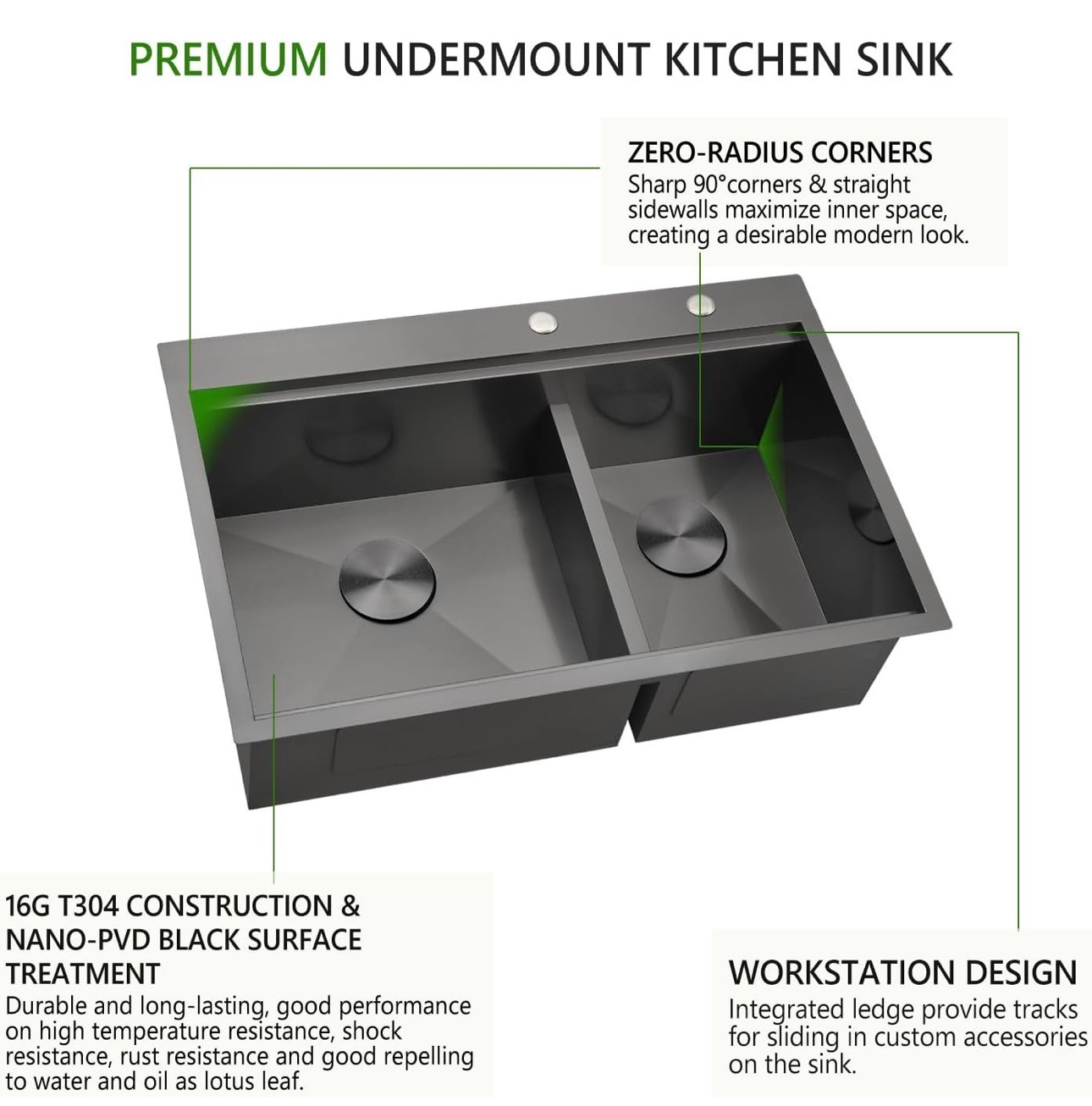 NEW: Black Drop in Double Bowl 60/40 Kitchen Sink 33x22 16Gauge - photo 5