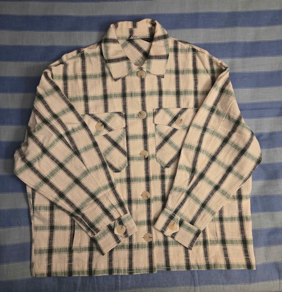 ZARA SHACKET JACKET WOMENS SMALL WHITE GREEN BLACK PLAID PATTERN - photo 2