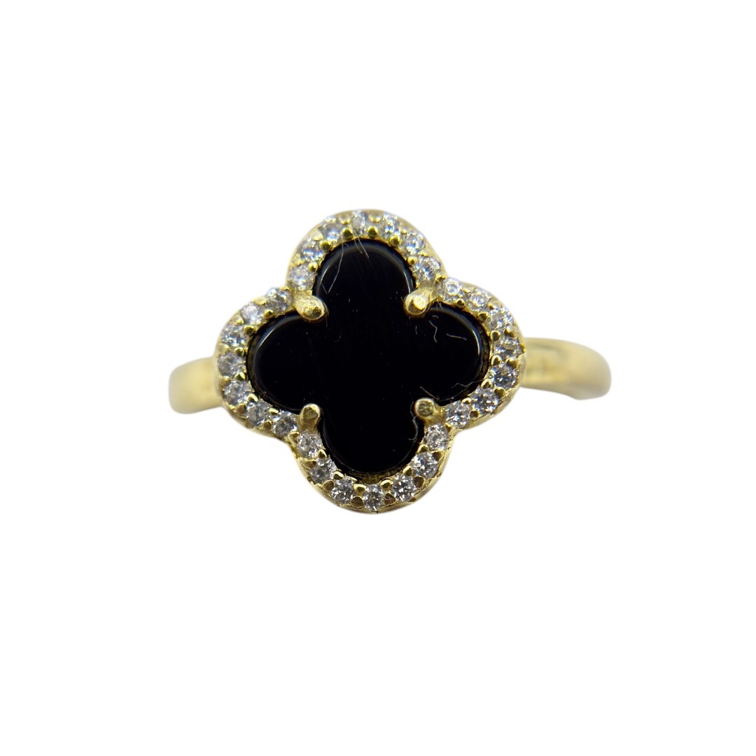 Gold Vermeil sterling silver onyx & cubic zirconia clover ring