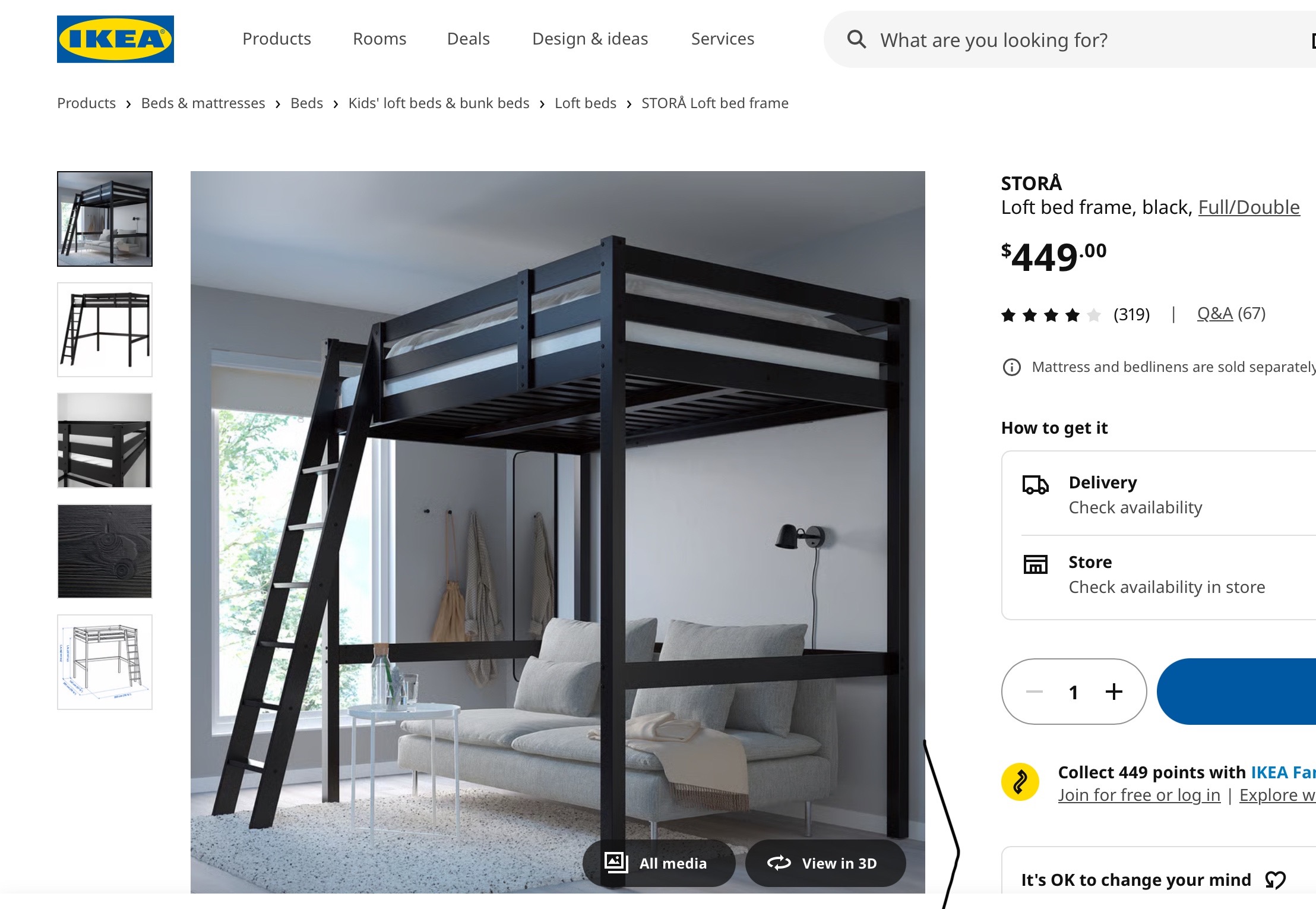 STORÅ Loft bed frame, black, Full/Double