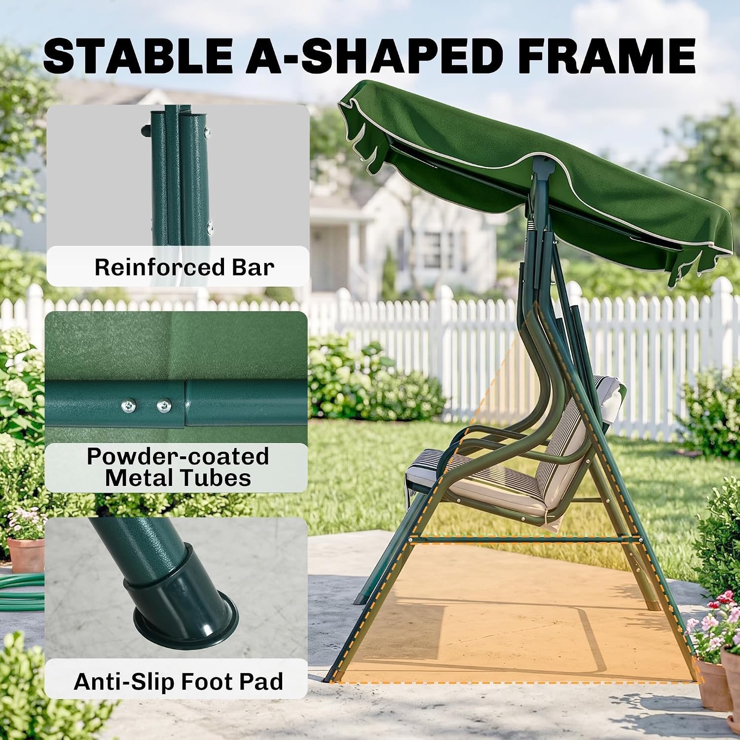 3-Seat Green/White Outdoor Swing Adjustable Canopy and Cushion - photo 3