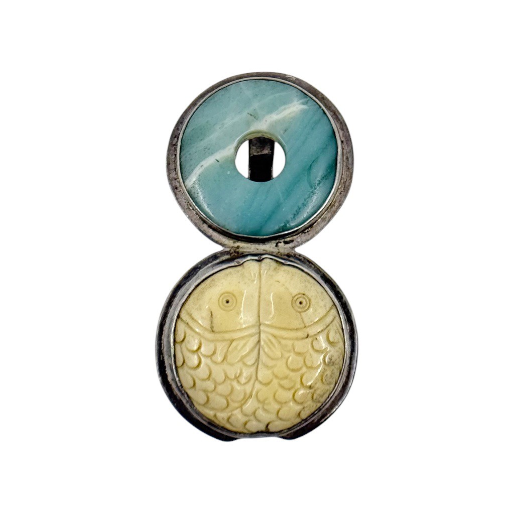 sterling silver carved fish bone & Larimar brooch pendant - photo 2