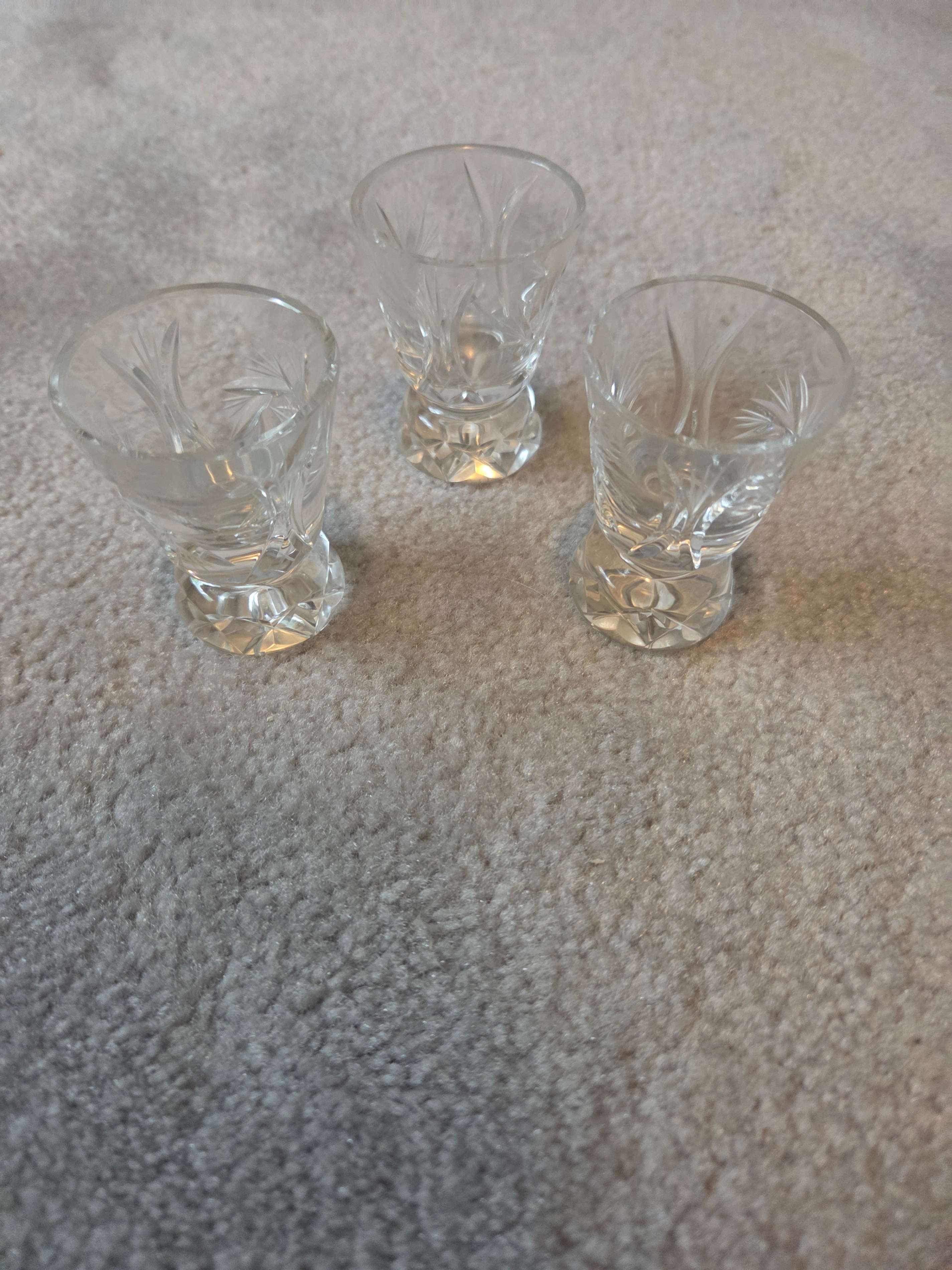 Set of 3 Vintage Pinwheel Cut Crystal Liqueur / Shot Glasses