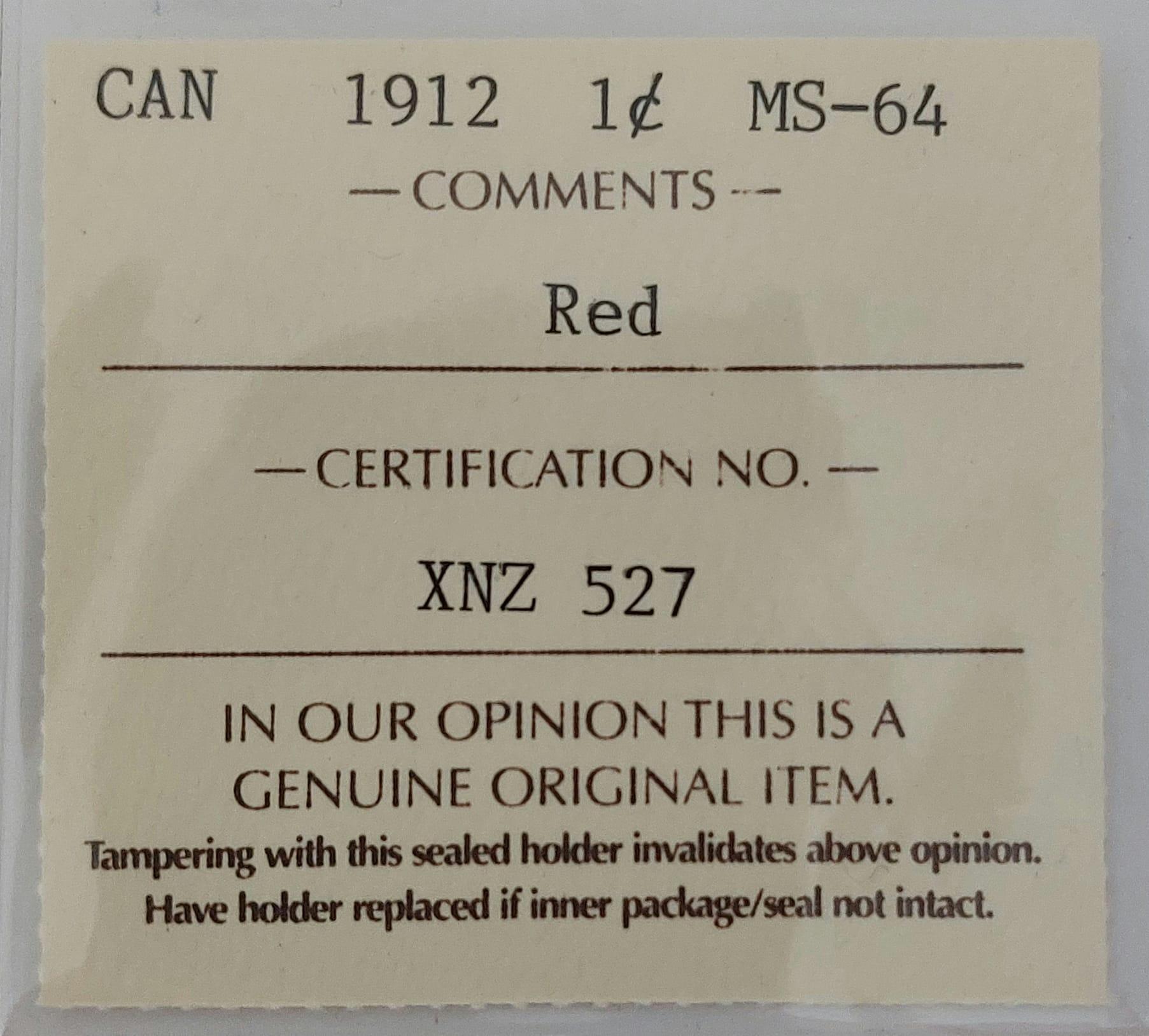 1912 Canada 1 Cent - MS-64 Red ICCS - photo 3