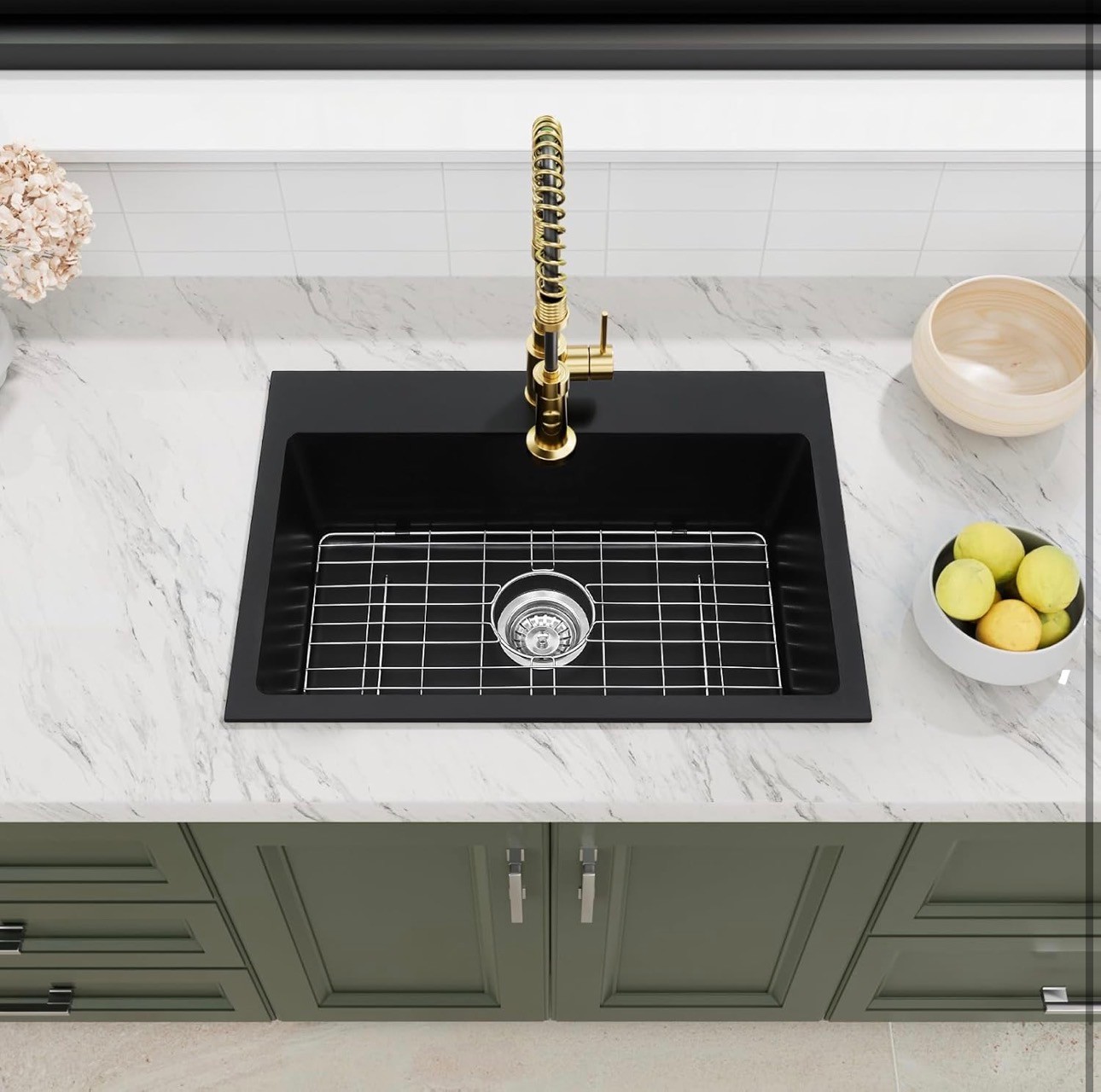 NEW: Black Quartz Granite Kitchen Sink 27X19x9 Dual Mount