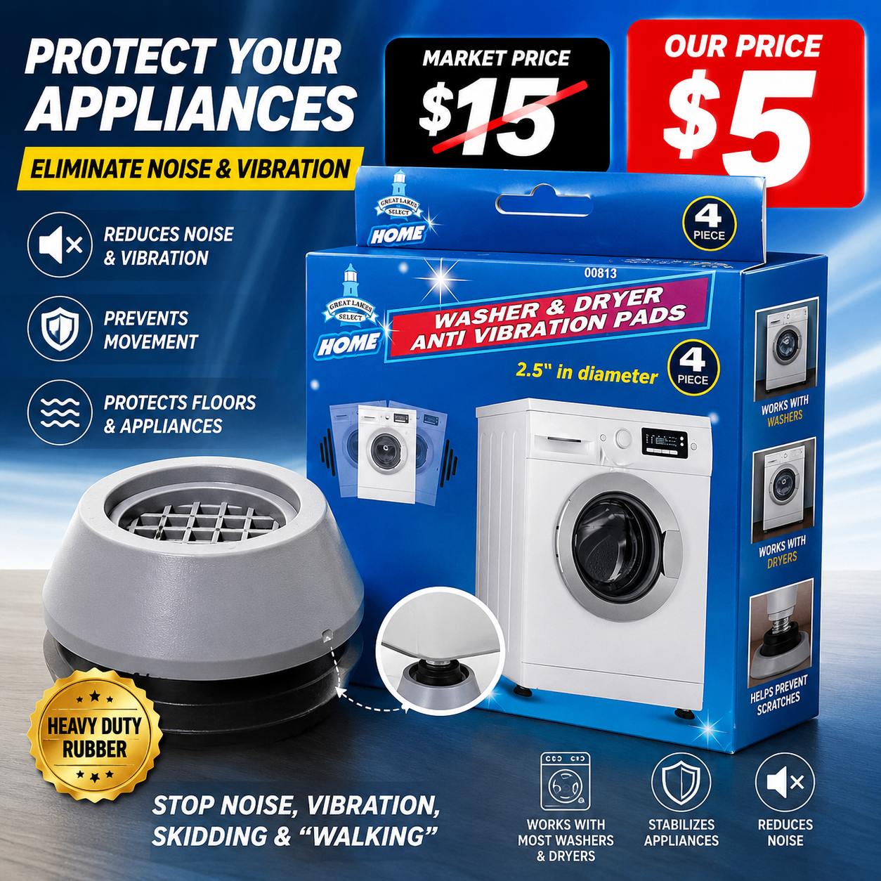 Washer & Dryer Anti Vibration Pads | 4 Pack |