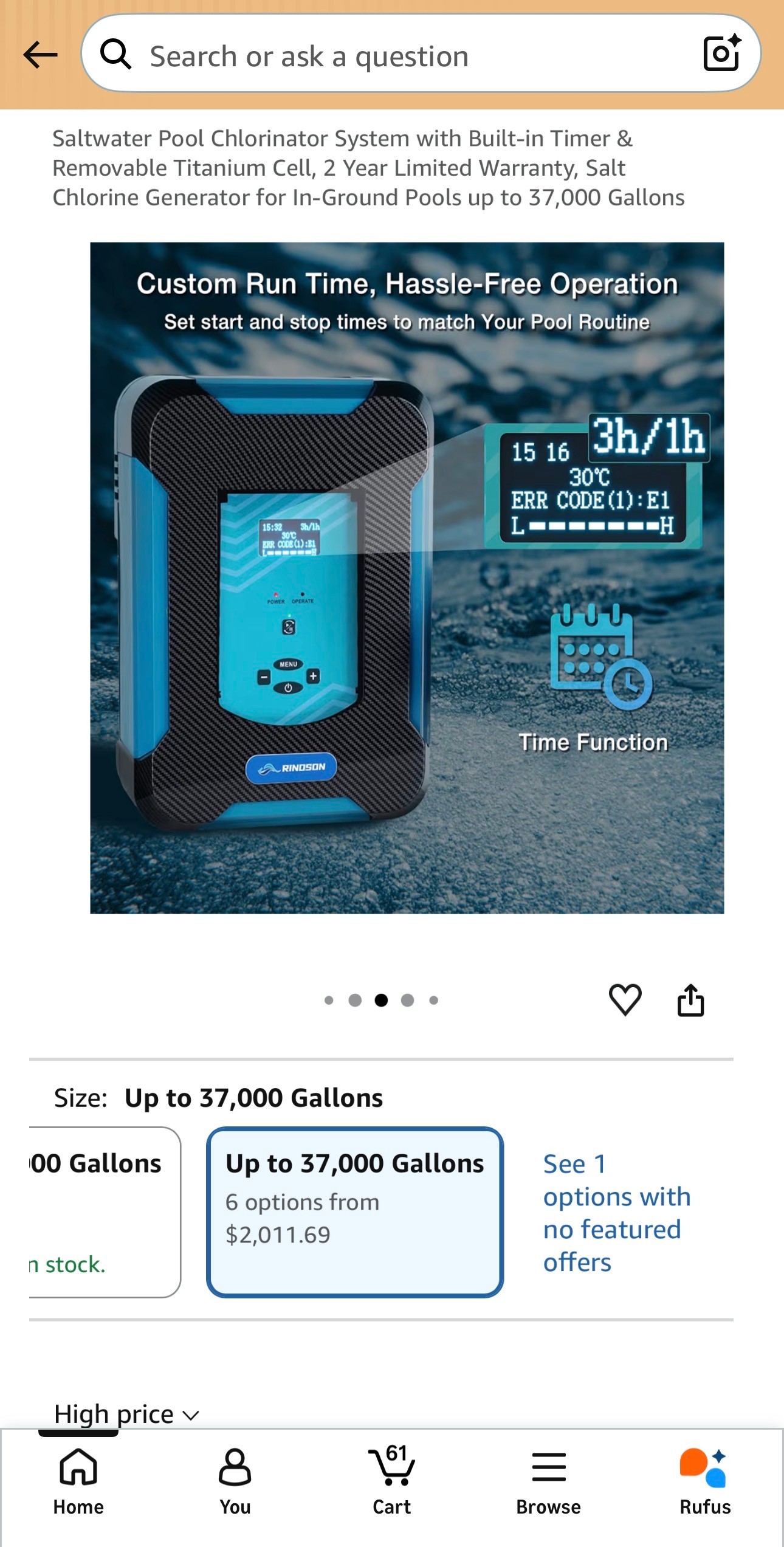 Pool Chlorinator System Removable Cell Salt Generator 37000 gall