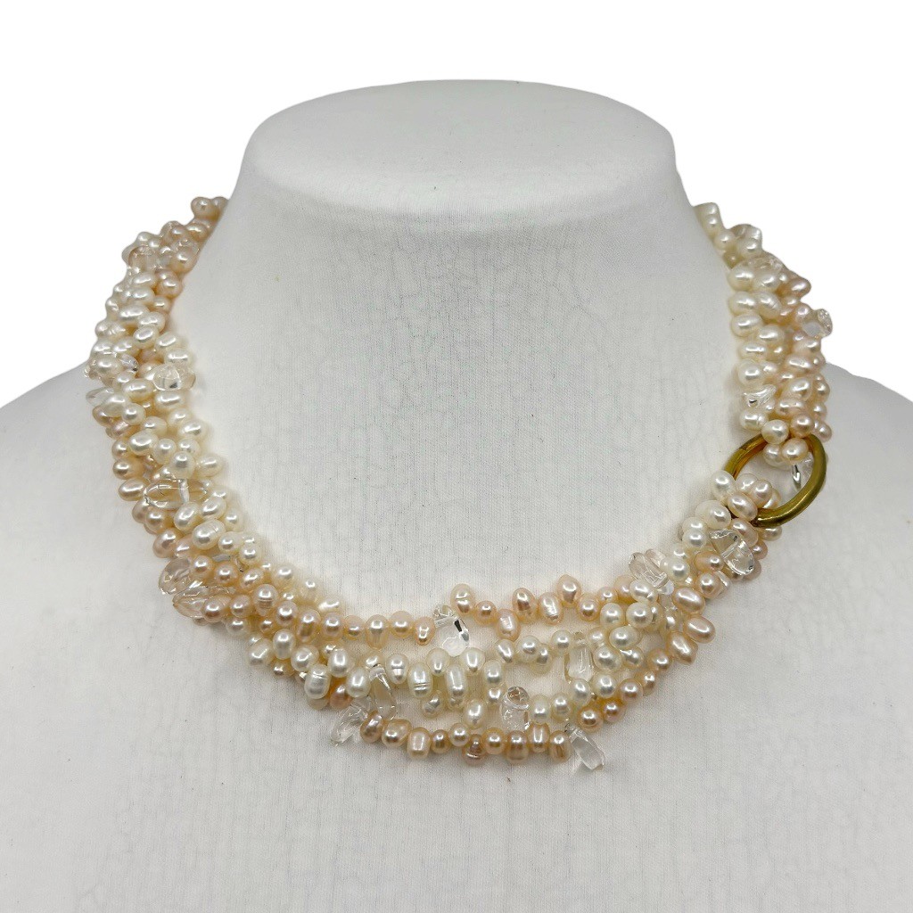 Gold Tone cultured pearl & quartz Torsade necklace - photo 2