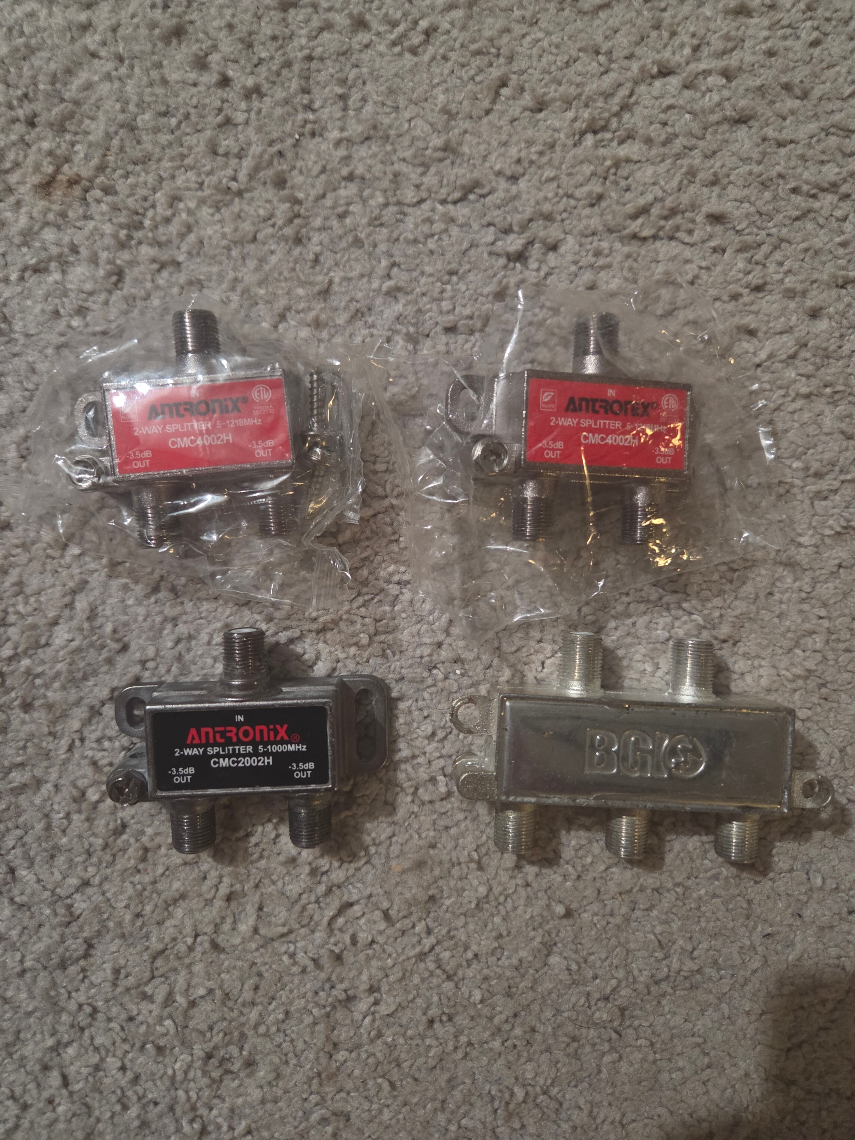 Lot of 4 Coaxial Cable Splitters, 2-Way & 3-Way (Antronix & BGI)