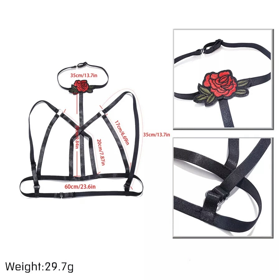 Black Embroidered Rose Harness Bra - photo 2