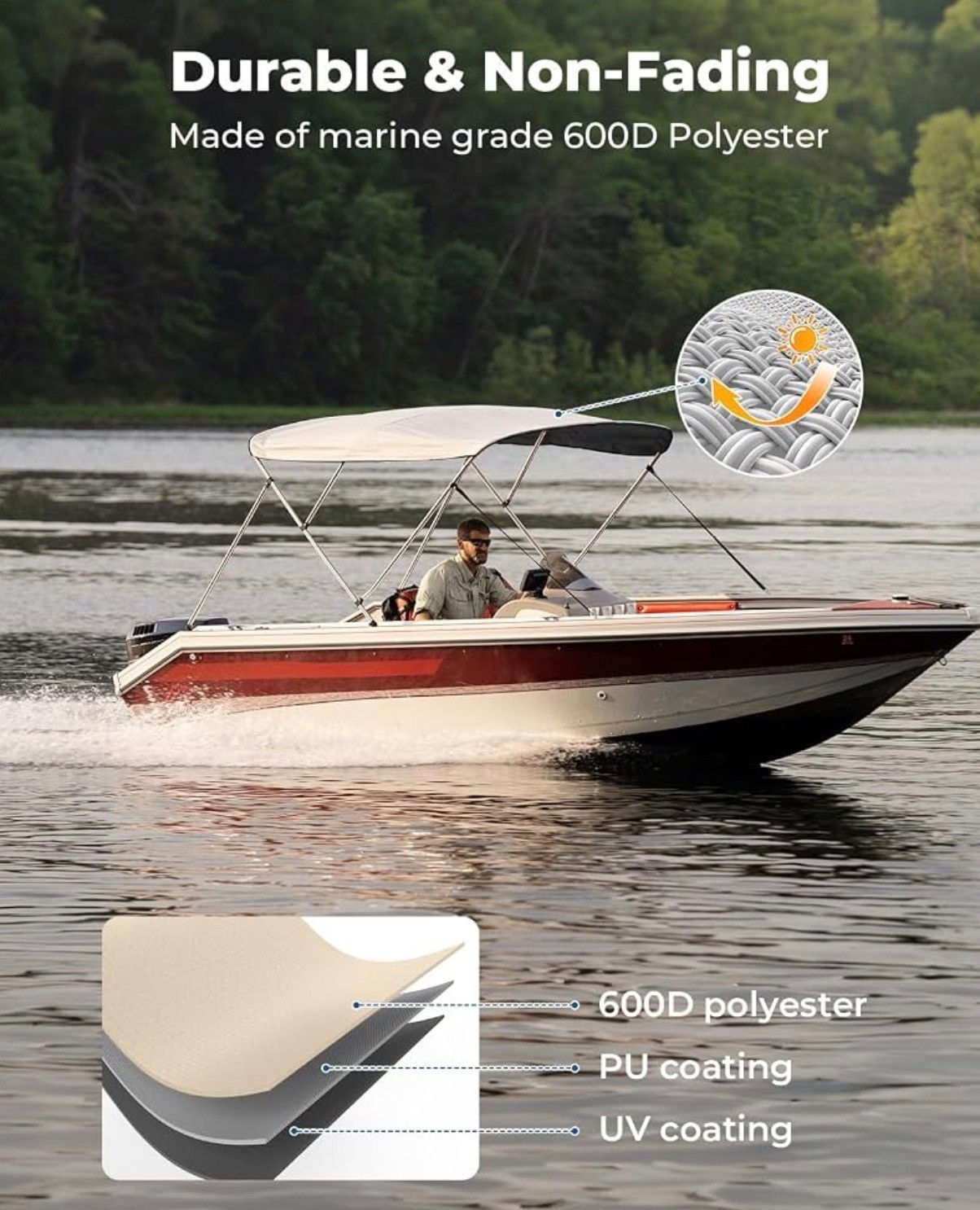 New: KEMIMOTO 3 Bow Bimini Tops for Boats Cover Rear Support Pol - photo 2