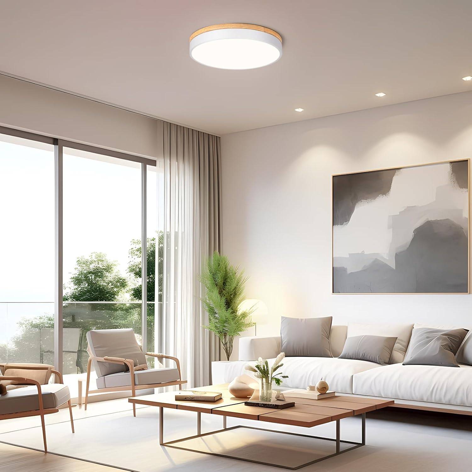LED Ceiling Light, 40 cm White Wooden Ceiling Light