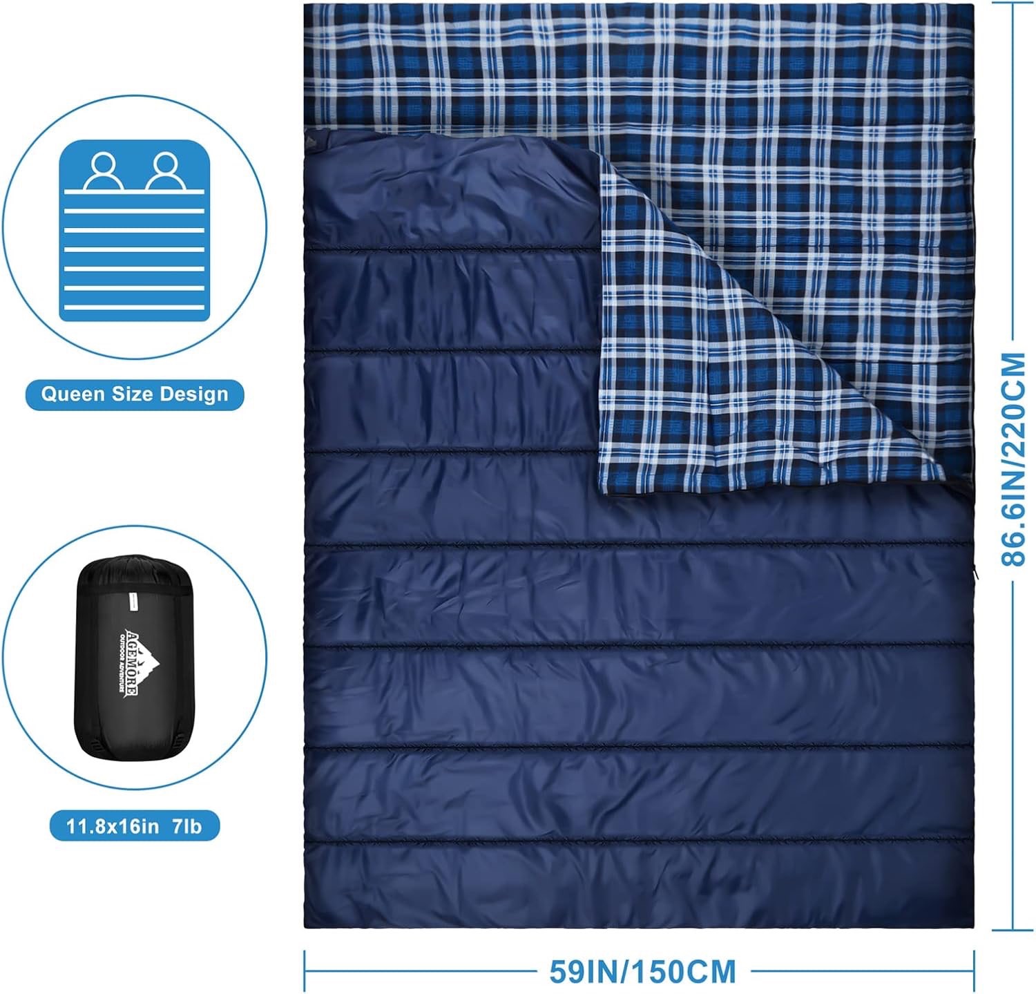 Queen Sized Sleeping Bag - Blue/Plaid - photo 2